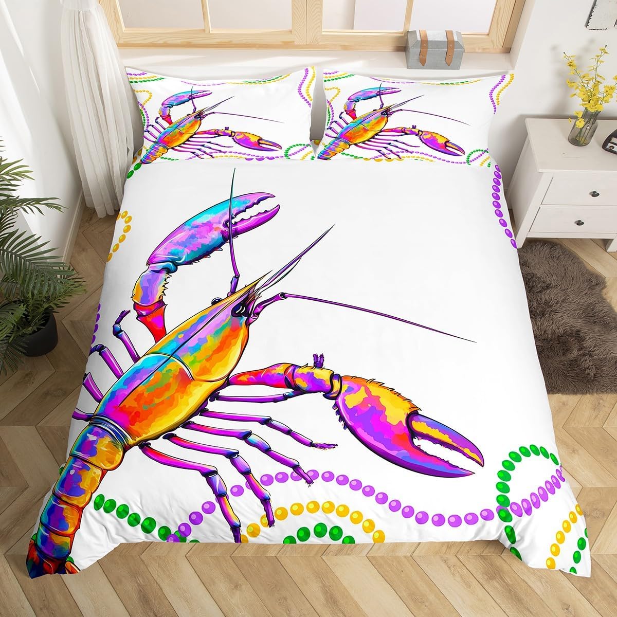 Erosebridal Lobster Duvet Cover King Mardi Gras Bedding Set Purple Yellow Green Aquatic Wild Animal Ocean Life Comforter Cover Watercolor Tropical Marine Bedroom Decor 2 Pillow Cases Quilt Cover