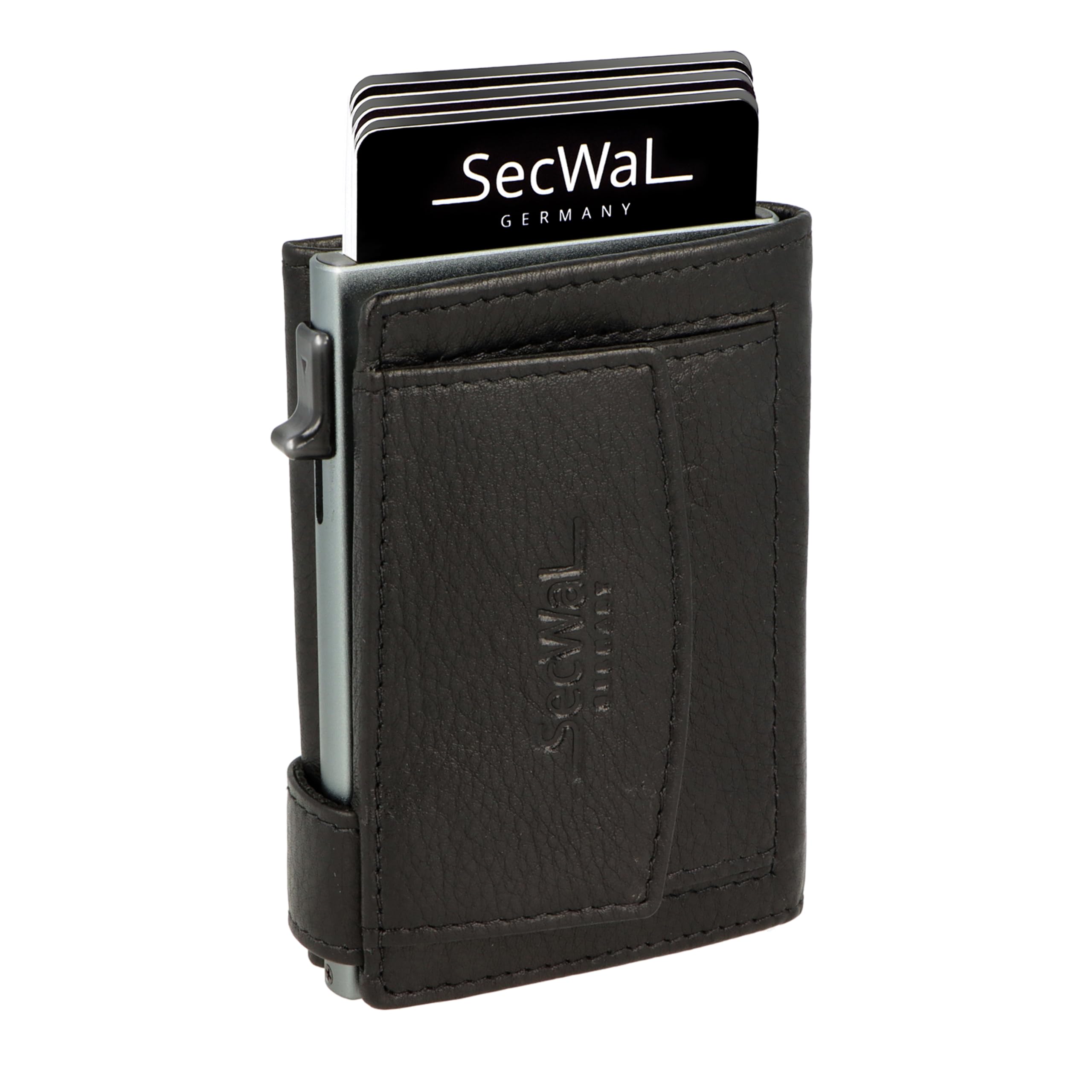 SecWal Kartenetui mit Münzfach Druckknopf inkl. Geschenkbox - Made in Germany - Echtleder Mini Geldbörse inkl. E-Book für Damen und Herren - RFID Schutz Geldbeutel klein (Schwarz)