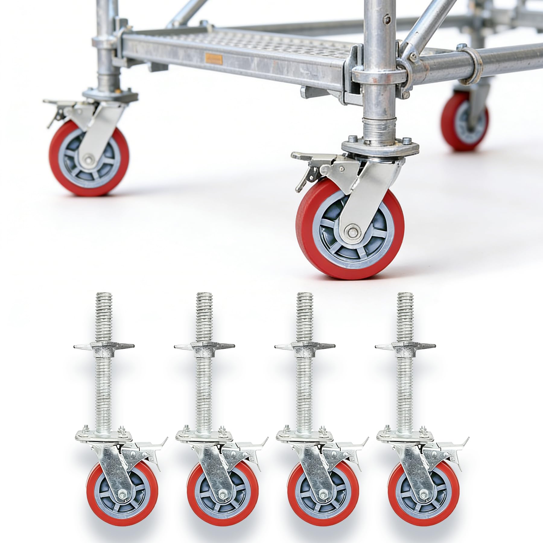 4 Stück Gerüstrollen Set 6 inch mit Stahlspindel,Gerüsträder 150 mm, Gerüstspindel Ø 30 mm,Lenkrolle 500 kg für Gerüst Rollgerüst