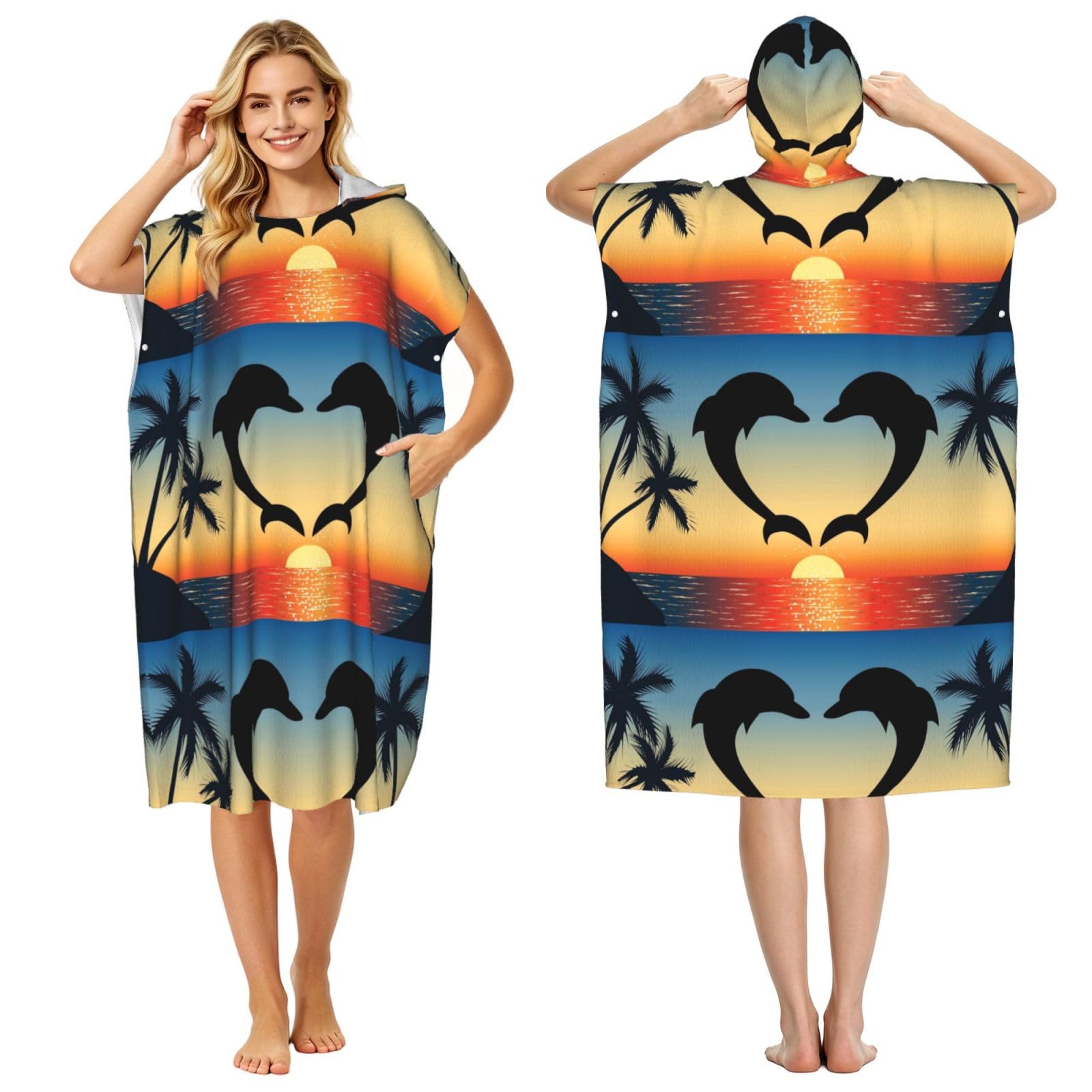 Poadnly Two Dolphins Jumping Shaped Heart, Adult Hooded Beach Towel 90 x 110 cm,Changing Bath Robe, Surf Poncho Towel For Women Men