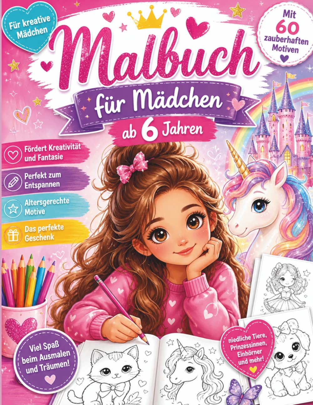 Malbuch für Mädchen ab 6 Jahren: Einhörner, Prinzessinnen & süße Tiere – Wunderschönes Malbuch mit einfachen Motiven und extra starken Linien