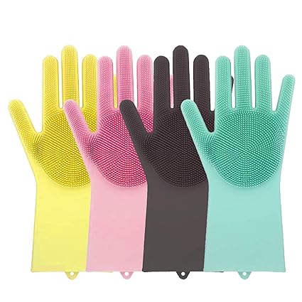 Nimbose Magic Silicone Dish Washing Gloves, Silicon Cleaning Gloves, Silicon Hand Gloves for Kitchen Dishwashing, Pet Grooming & Washing Bathroom (Multicolour, 2 Pairs)