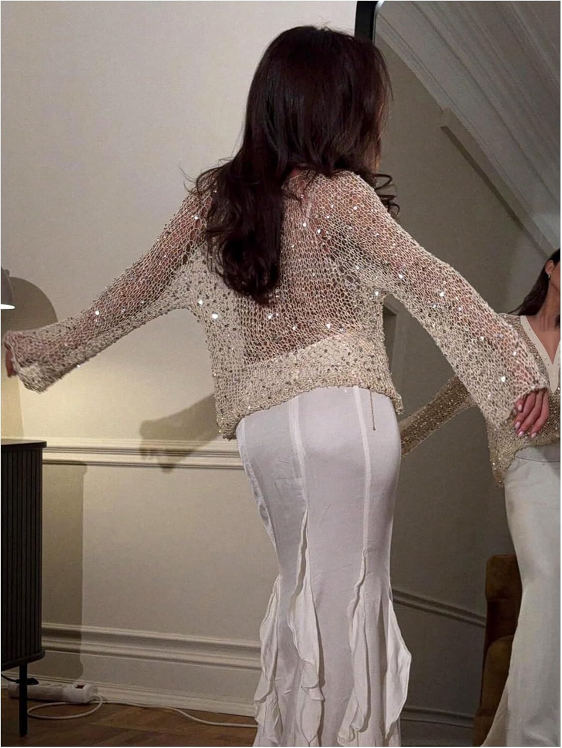 SHENHE Women's Sequin Crochet Sweater Deep V Hollow Out Sexy Party Concert Rave Sheer Knit Top