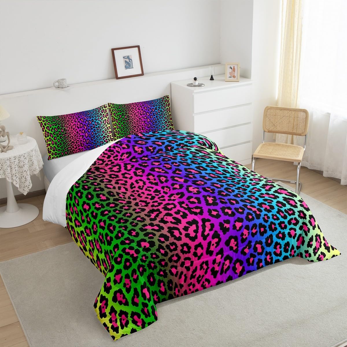 Feelyou Leopard Comforter Set for Kids Boys Girls Rainbow Comforter Cheetah Colorful Bedding Set Decor Multicolor Duvet Set Queen Size Quilt 3Pcs Boys