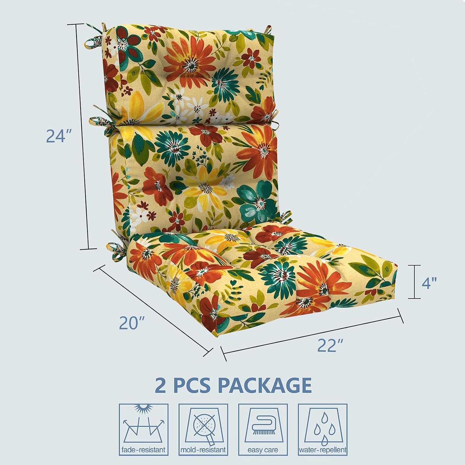 LVTXIII 2 Pack Outdoor High Back Cushions, 22" W x 20" D Tufted Seat and Back Chair Cushion with Ties, Fluffy Patio Replacement Rocking Chair Cushion for Outdoor Furniture Use, Floral Multi