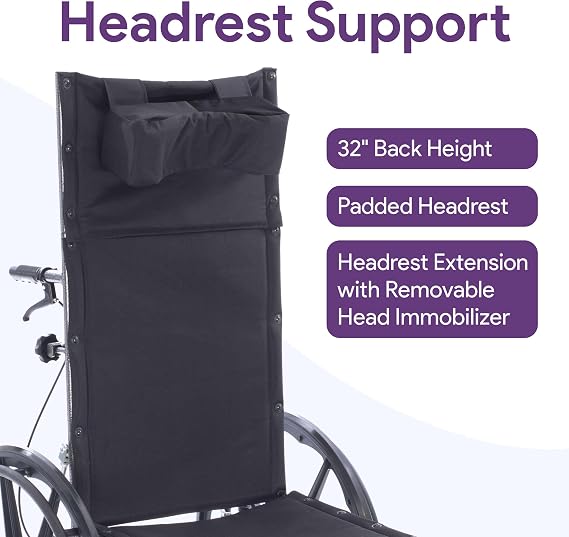 24 Reclining Wheelchair with Elevating Legrests, Headrest Support, Removable Full Arms, and Rear Anti Tippers - Black - Nylon - 450LB Capacity - Chariot-RC Wheelchair