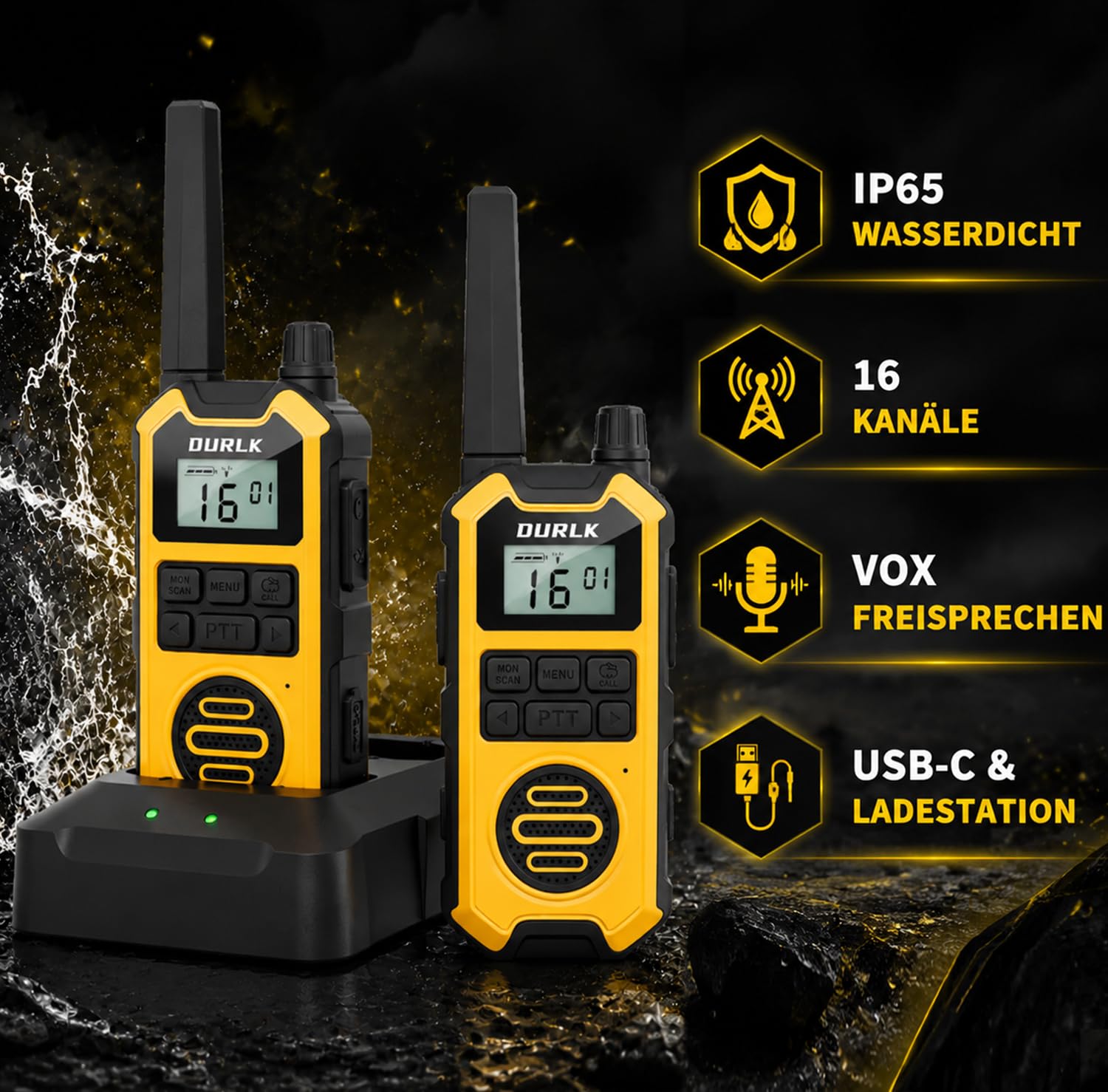 Walkie Talkie Erwachsene 2er Set,2500mAh Wiederaufladbar, Funkgeräte Lizenzfrei Mit Ladestation Und USB-C,IP65 Wasser Und Staubgeschützt,VOX,Doppel-Ptt,LED-Taschenlampe Für Baustelle & Outdoor