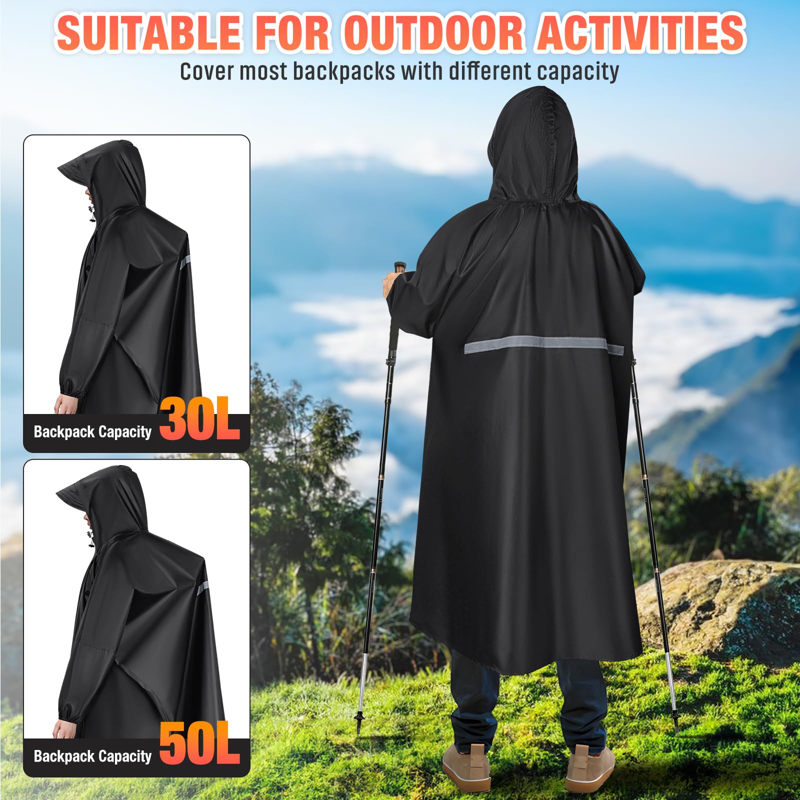 LUROON Poncho Pluie Imperméable avec Capuche Cape de Pluie Pliable avec Poches Bandes Réfléchissantes, Poncho Imperméable Unisexe Poncho Pluie Réutilisable,Cape de Pluie pour Randonnée Voyage Cyclisme