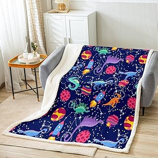 Kids Cute Dino Flannel Blanket,Cartoon Rocket Planets Stars Galaxy Fuzzy Blanket for Children Present,Colorful Dinosaur Animals Polyester Throw Blanket for Couch, Twin Size (60 x 80 Inch)