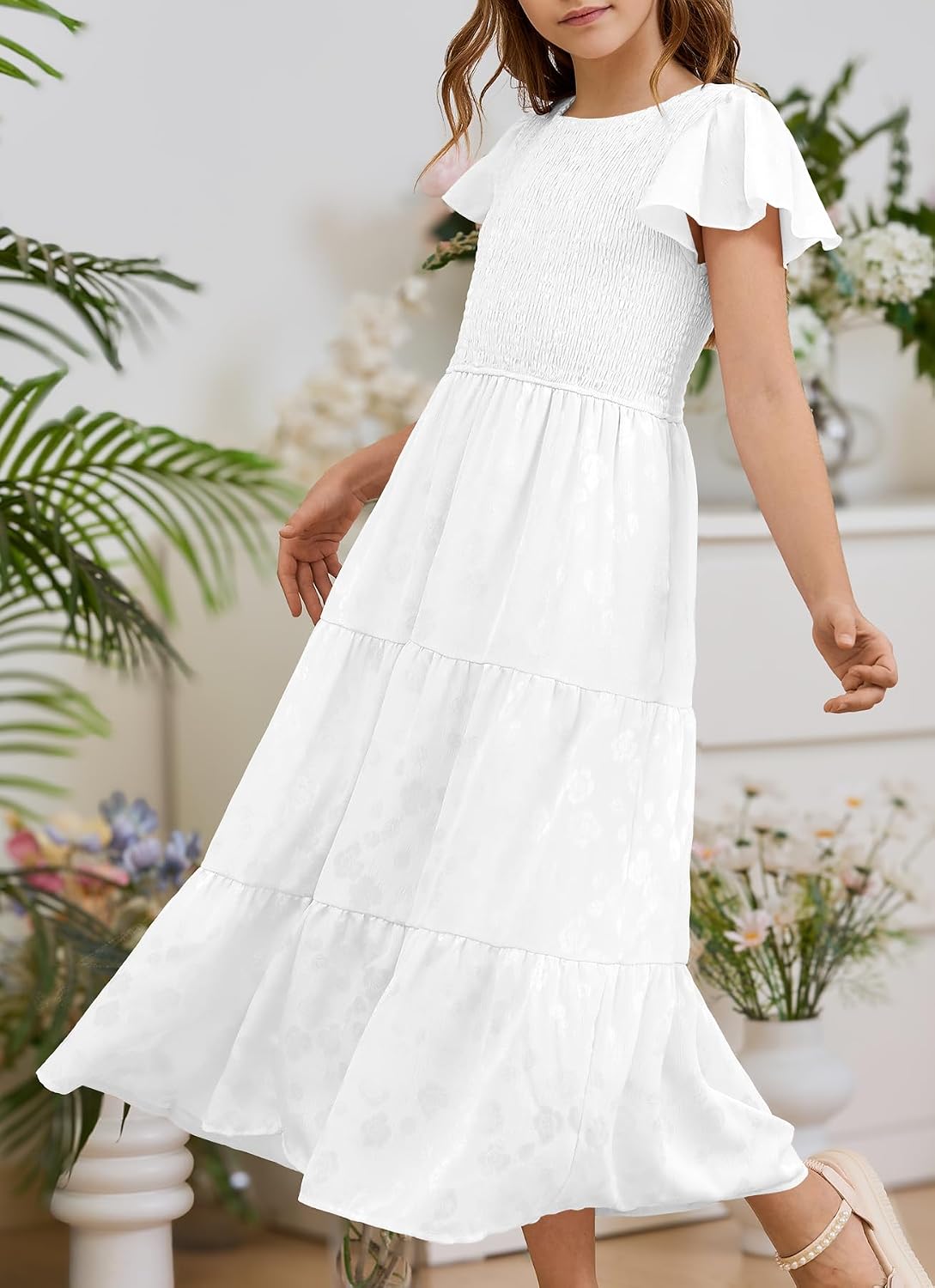 YOVION Flower Girls Dress Elegant Ruffle Sleeve Smocked A Line Tiered Flowy Wedding Guest Maxi Dresses for 6-12 Years