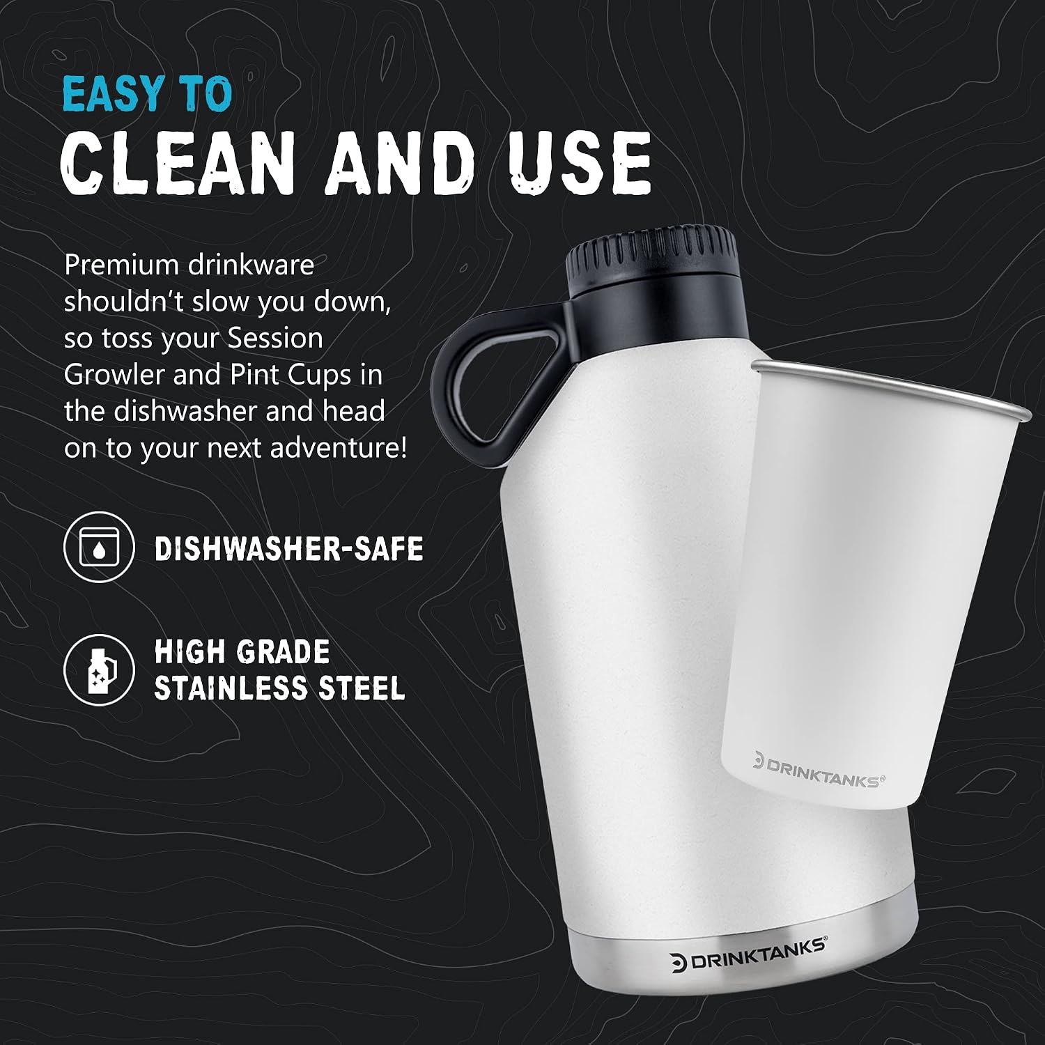 DrinkTanks 64 oz Insulated Stainless Steel Growler with 2 Reusable 16 oz Metal Cups – Vacuum Sealed Beer Growler Set for Craft Beer, Water, Outdoor Use, Leak-Proof, BPA-Free, Durable - Glacier