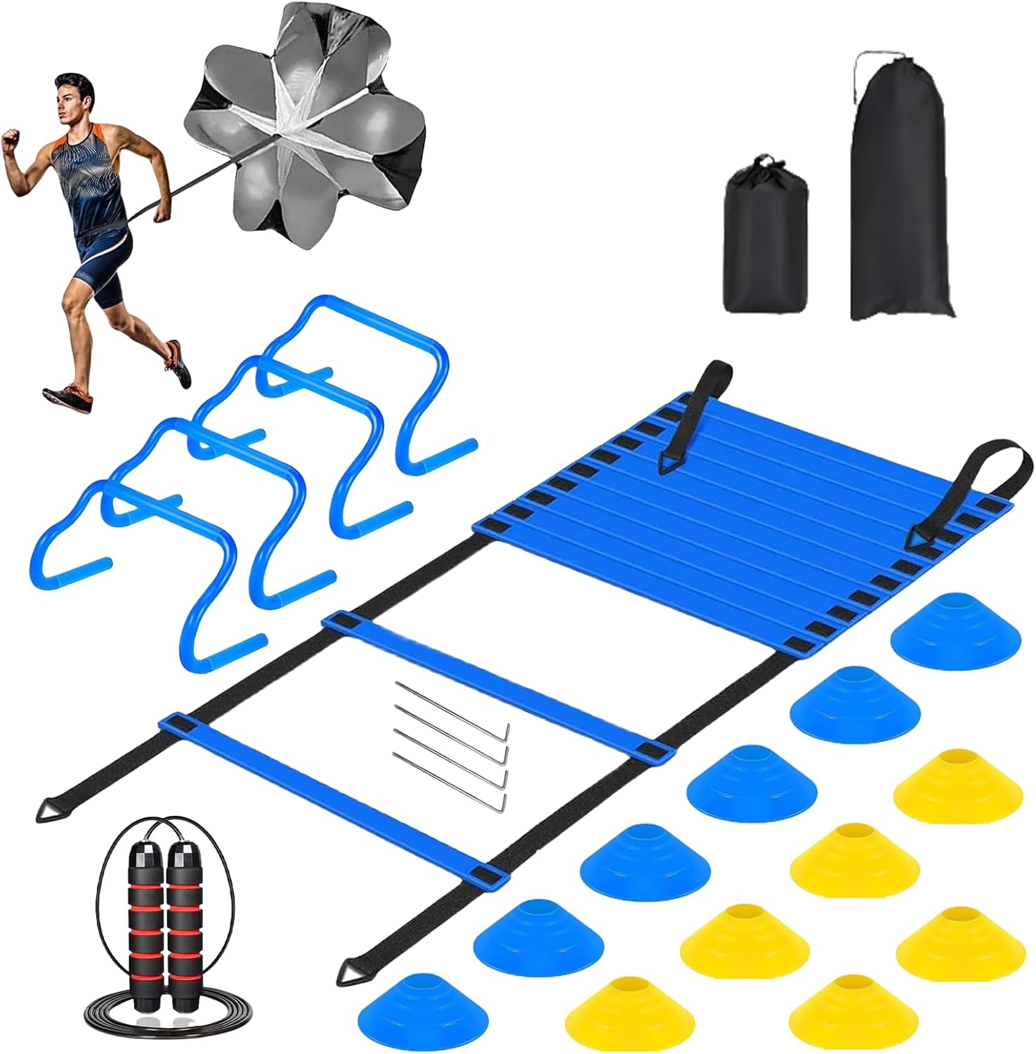 20FT Agility Speed Ladder Training Equipment Set Soccer Gifts for Boys 8-14 with 12 Cones, Solo Trainer & Jump Rope, Suitable for Home Gym and Playground