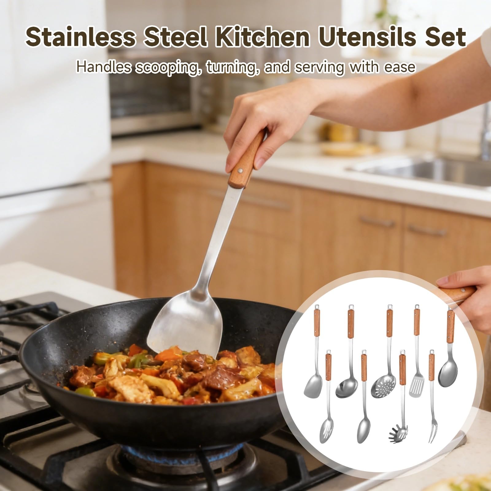9-teiliges Küchenutensilien-Set aus Edelstahl mit Holzgriff, inklusive Pfannenwender, Schöpfkelle und Schaumlöffel, Metall-Kochutensilien zum Kochen, Servieren und Mischen