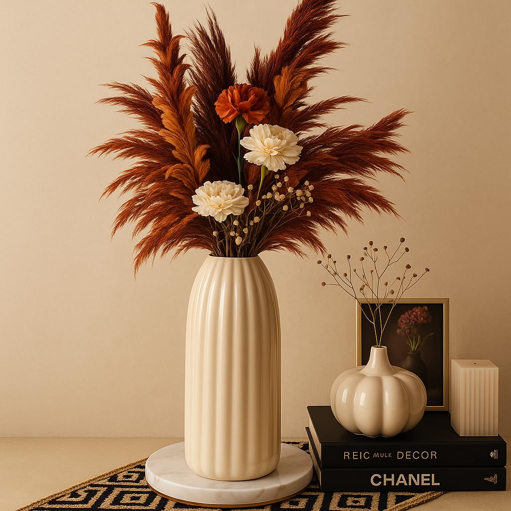 Ribbed Pipe Ceramic Flower Vase, Pampas Grass, Home Decor Centrepiece Decor for Home, Office, or Gifts only Vase (White, 9 Inch)