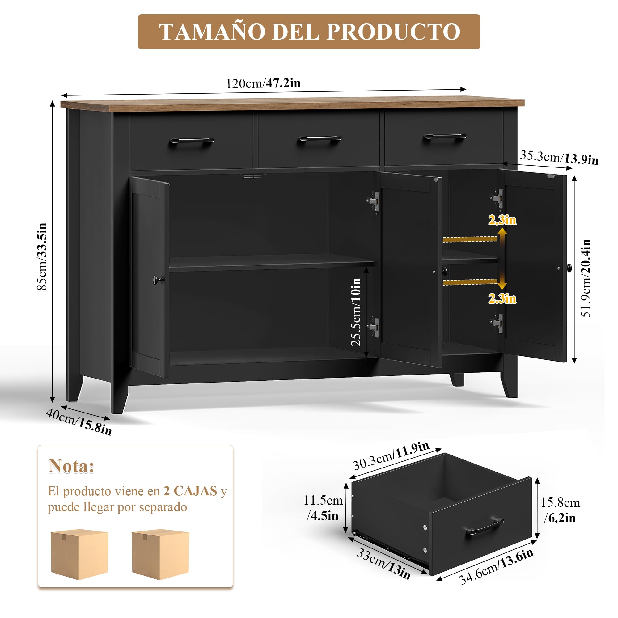 HOCSOK Aparador de Cocina con 3 Cajones y 3 Puertas, 120 x 40 x 85 | Armario de Almacenamiento con Estantes Ajustables, Encimera, Estilo Moderno, Aparadores Para Cocina y Salón