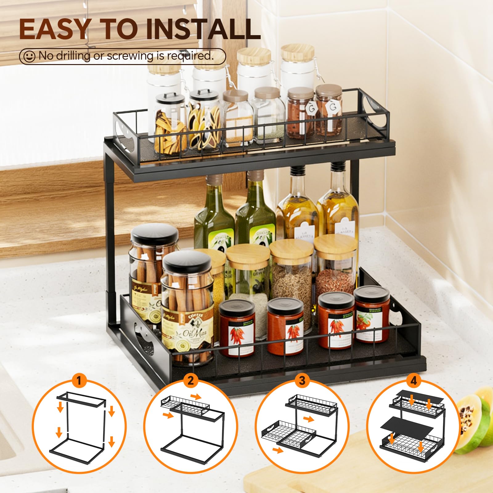 Scaffale estraibile in metallo a 2 ripiani, sottolavello, nero | Organizer per mobili da cucina e bagno, salvaspazio e stabile, per lavello e lavandino