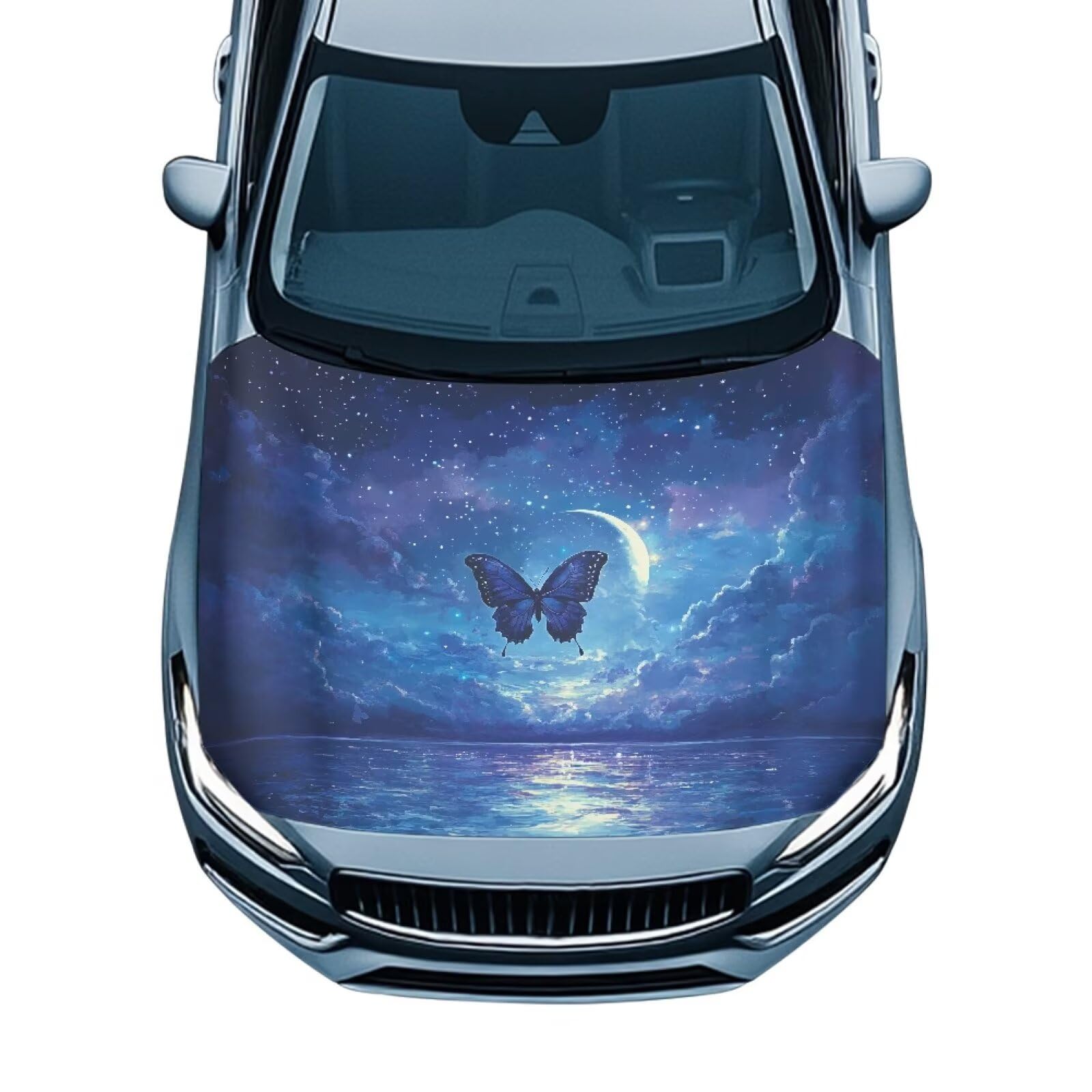 Car Hood Cover,All Weather Comfortable Car Hood Cover Protector Suitable Most Automotive Sedans Trucks Pickup Sports Cars Accessories Blue Butterfly Moon