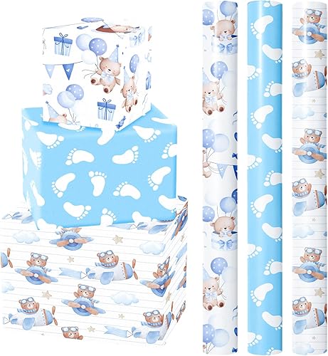 WRAPAHOLIC Rollo de papel de regalo para baby shower mini rollo 3 rollos 17 x 120 pulgadas por rollo diseño de mariposa niña oso luna rayas para