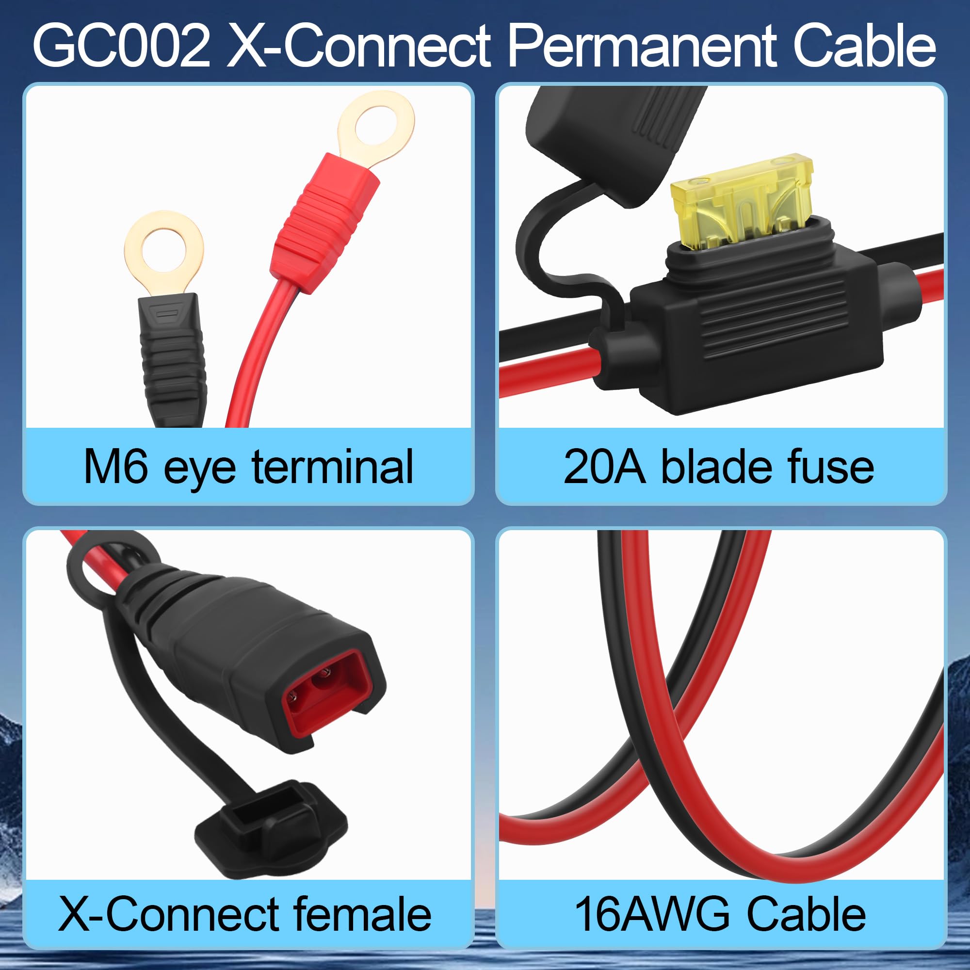 GC002 X-Connect M6 Terminal de ojal 20 A fusible permanente cable de carga de batería para motocicleta, ATV, UTV, generador y mantenimiento de motor pequeño, 16 AWG, 21 pulgadas