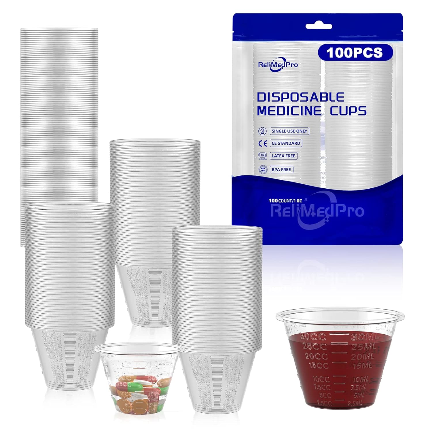 ReliMedPro Graduated Reusable Small Plastic Medicine Cups, Bulk Pack of 100, 1 OZ (30ml) Measuring Cups for Liquid Medication, Paint, epoxy, Pills and Resin ReliMedPro Graduated Reusable Small Plastic Medicine Cups, Bulk Pack of 100, 1 OZ (30ml) Measuring Cups for Liquid Medication, Paint, epoxy, Pills and Resin