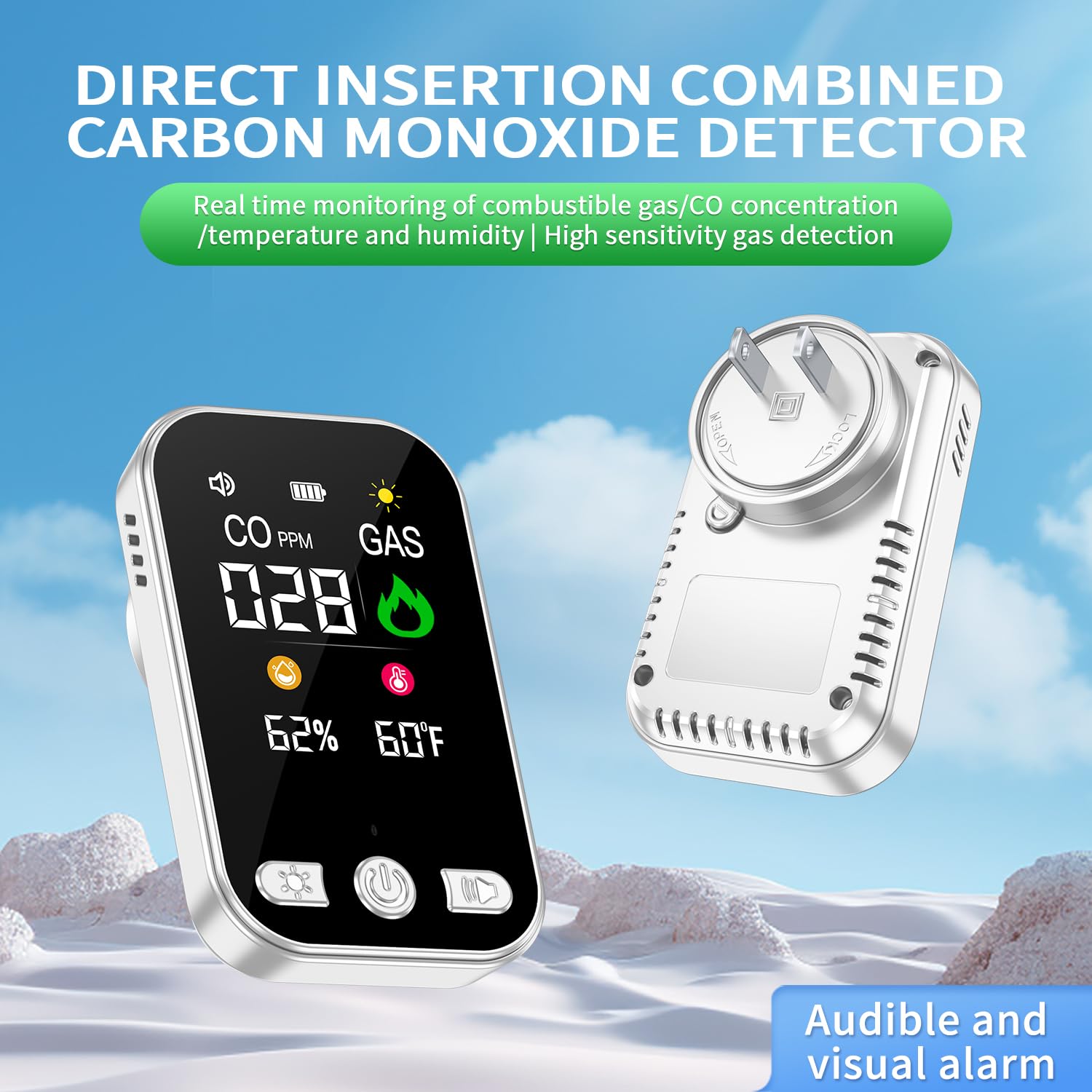Detector de Gas y Monóxido de Carbono con Enchufe para Hogar, Alarma de CO para Casa, Detector de Gas Combustible para Gas Natural LPG Metano Propano Butano, Blanco, HD12-CG