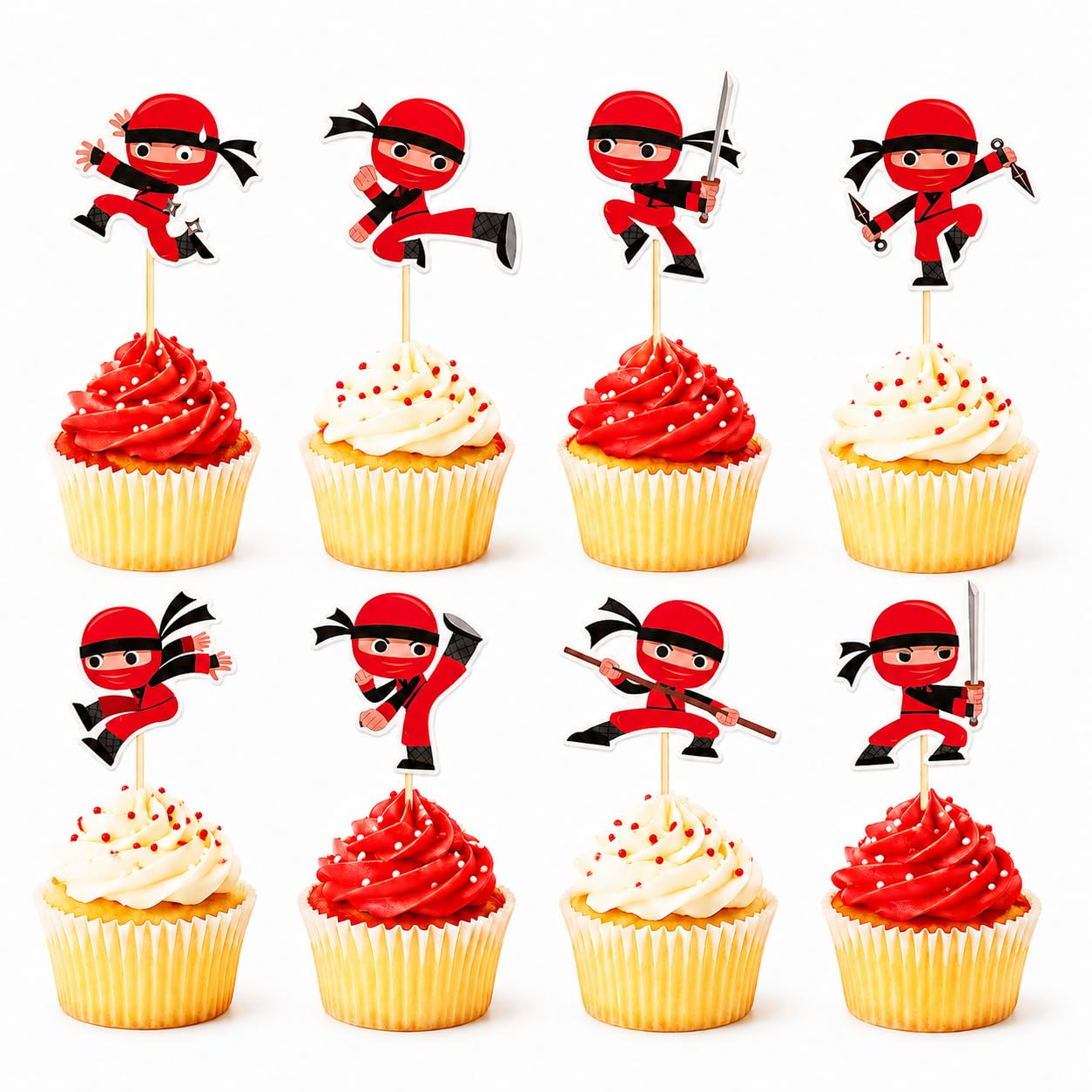 Arthsdite 24 Pcs Ninja Cupcake Toppers Ninja Birthday Cake Decorations Red Warrior Cupcake Picks for Kids Martial Arts Theme Party Dessert Table Supplies