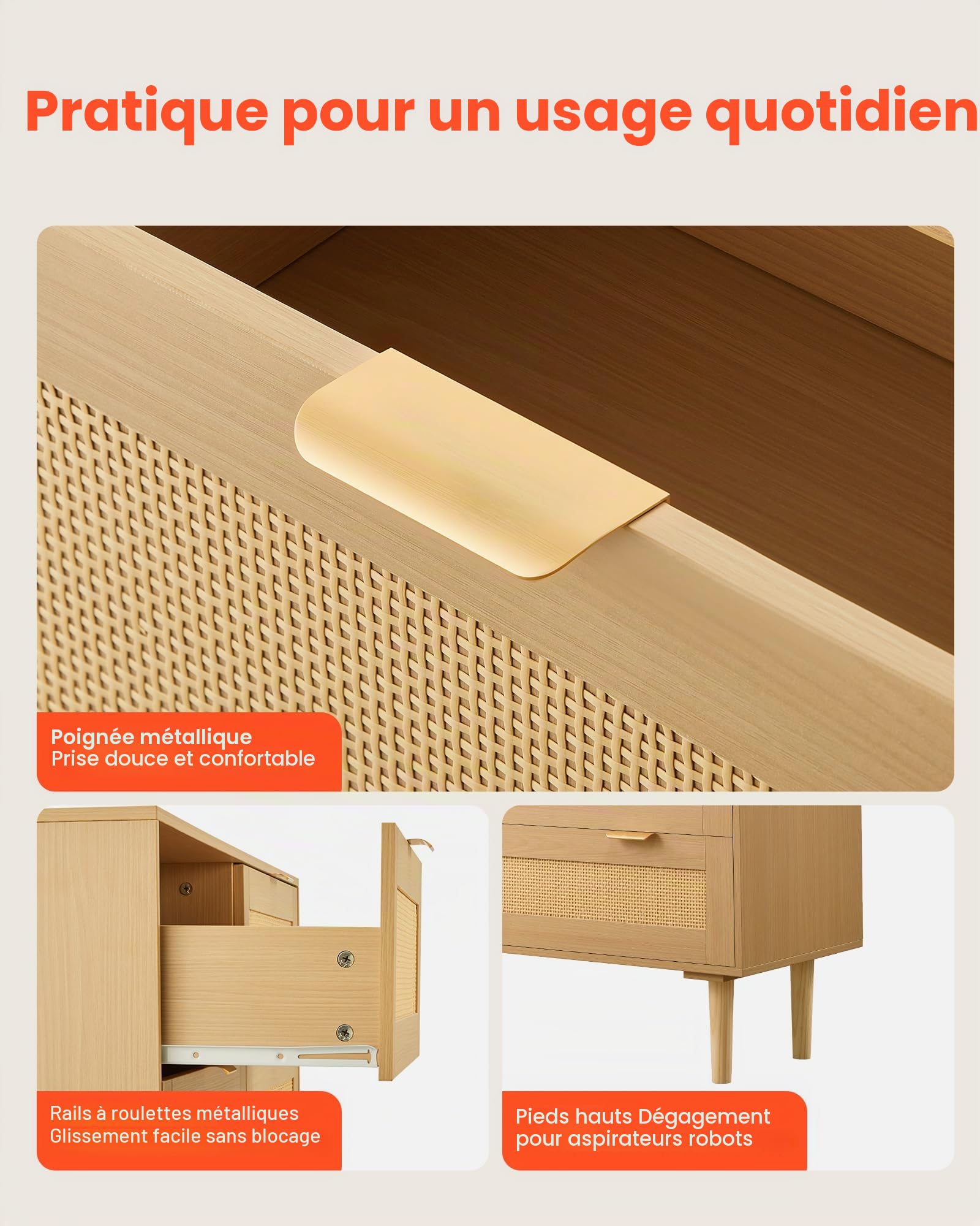 VEVOR Commode en rotin à 3 tiroirs, meuble de rangement avec poignées en métal et pieds en bois, organisateur de vêtements et rangement bohème en bois, armoire pour chambre à coucher, salon ou couloir