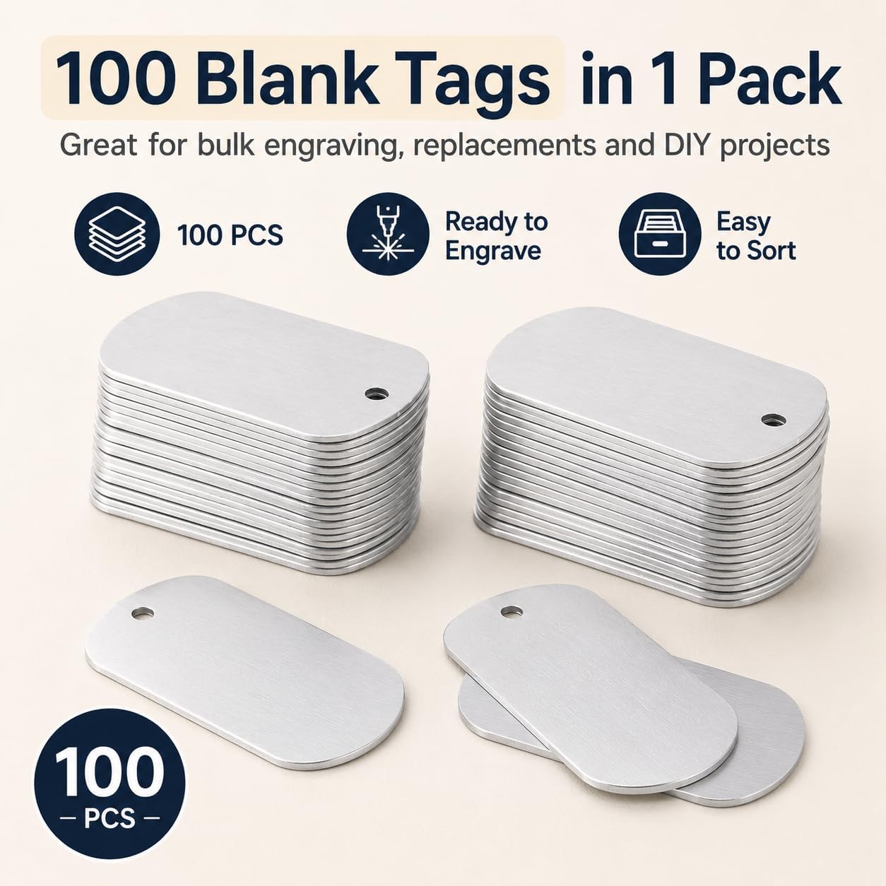 100 Pack Blank Dog Tags, Silver Aluminum Dog Tag Blanks, 1.97 x 1.14 in Metal Stamping Blanks with Hole for Engraving, Pet Tags, Key Tags and DIY Craft Labels