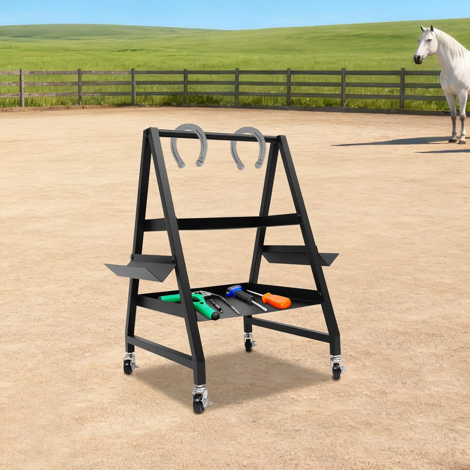 Horseshoeing Box with Wheels 2 Tier, Tool Cart on Wheels Garden Table Workstation Organizer Rack, for Farms, Workshops, Garages