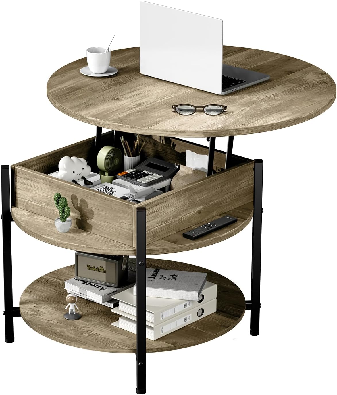 Modern Coffee Table with Lifting Tabletop and Hidden Compartment, Mid Century Central Table with Open Storage Shelf and Adjustable Foot Pad for Living Room, Home Office, 26.77”,Grey Grey Normal