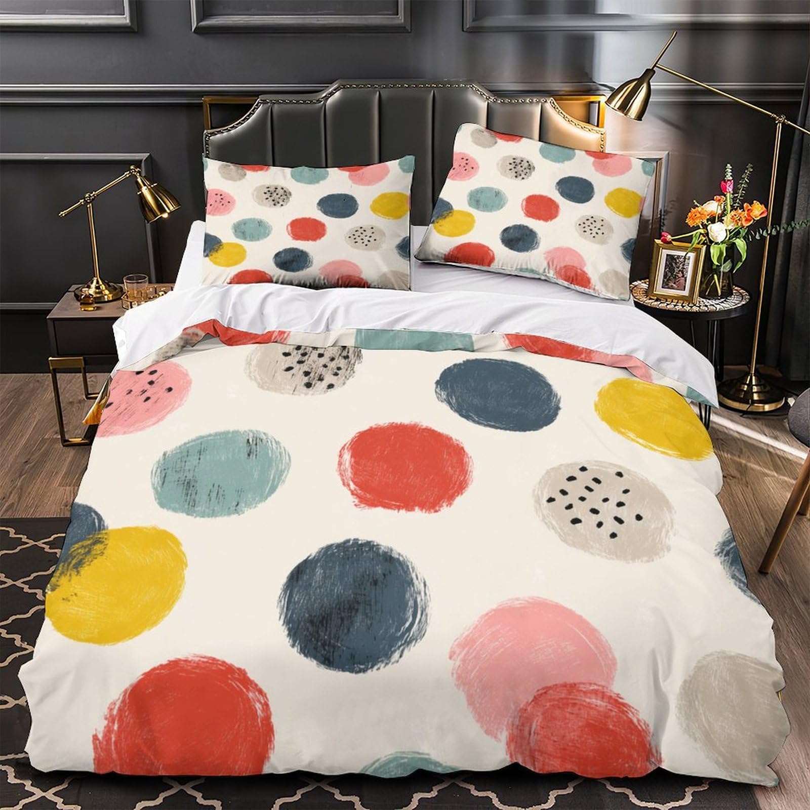 Housse de couette hypoallergénique points colorés parure de lit 3D microfibre ultra douce