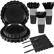 175 Pcs Black Plates and Napkins 25 Guest Black Graduation Party Supplies Includes Scalloped Party Plate Napkins Cups Plastic Cutlery for 2026 Graduation, Birthday, New Year