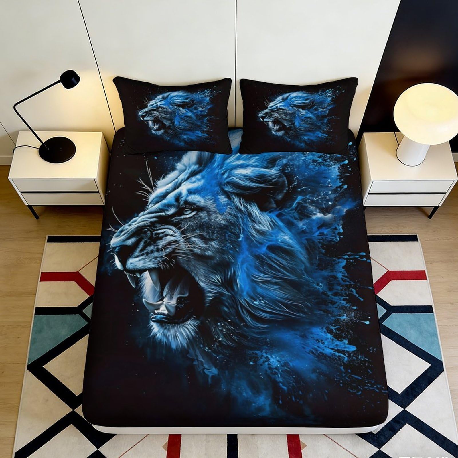 3D Printed Blue Lion Fitted Sheet Microfiber Soft Breathable Wild Beast Bed Sheet for Bedroom Guest Room Decor 90x200x25cm