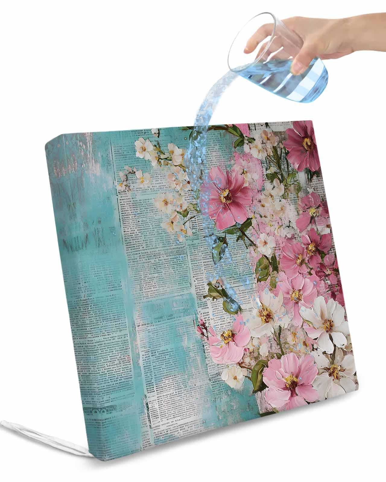 2 Pack Pink Spring Floral Waterproof Cushion Covers with Ties, Outdoor Patio Chaise Lounge Chair Seat Cushion Slip Covers Replacement(Only Cover) Vintage Blue White Botanical Retro 22