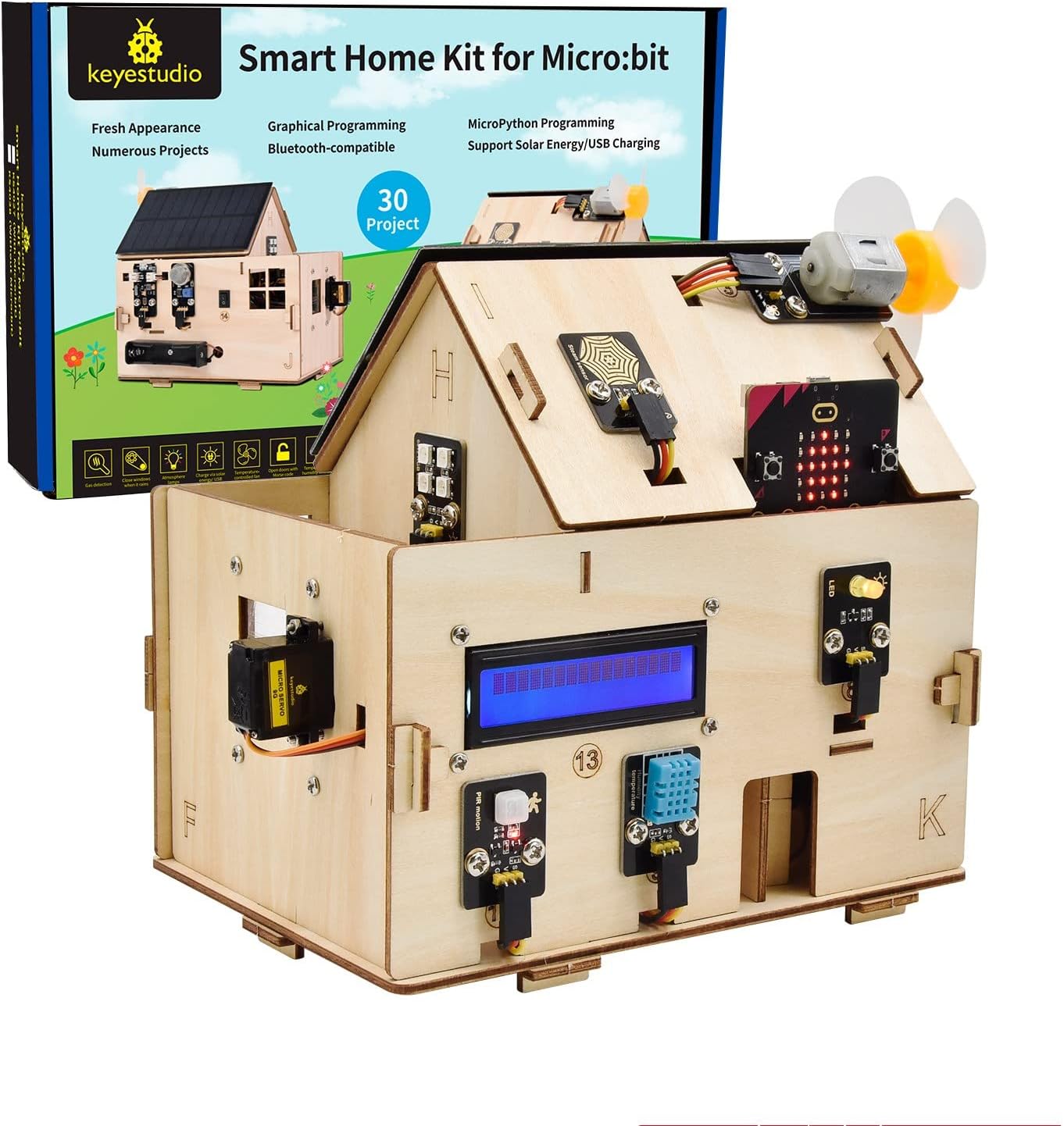 Microbit Smart Home Starter Kit with Micro:bit V2, MakeCode Blocks & Python Code|Wireless Remote Control APP| Solar & Micro USB Charging|RGB,i2c LCD for Coding