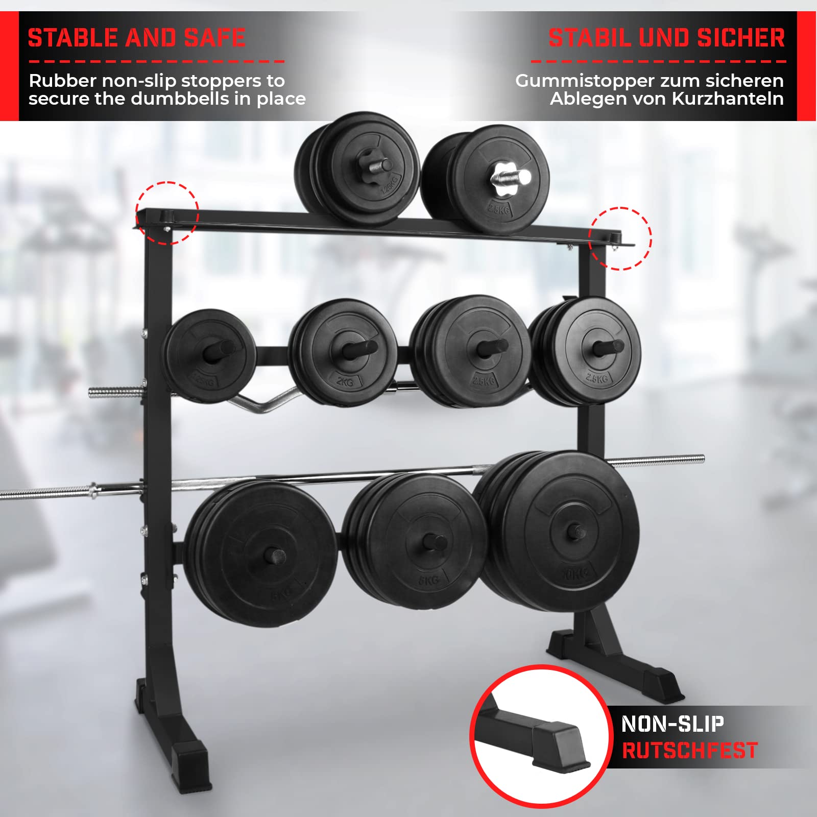 Physionics® Hantelablage - Ø 25 mm, max. 300kg, 3 Ebenen, Grau/Schwarz, Stahl - Hantelständer, Kurzhantelständer, Langhantelständer, Hantelscheibenständer, Kurzhanteln