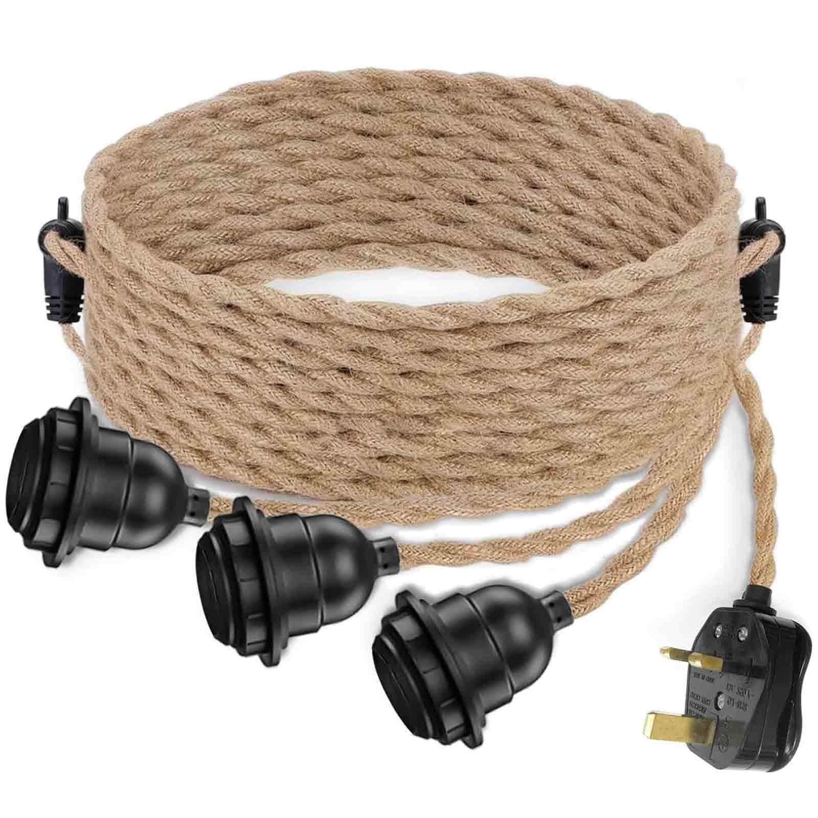 Industrial Triple Ceiling Pendant Light – Vintage Weatherproof Hanging Light Kit Fixture with Plug-in Hemp Rope Cord, DIY Outdoor Chandelier for Living Room, Garden, Backyard, 3 Sockets, Boho Chic
