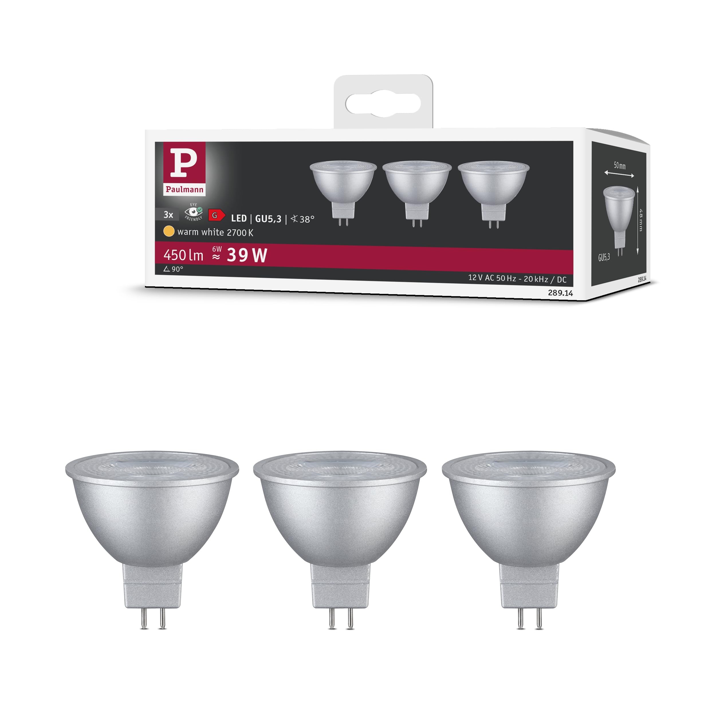 Paulmann 28914 LED lamp Reflector 3-piece Set 12V 3x450lm 36° 3x6 watt lamp Chrome 2700K GU5.3