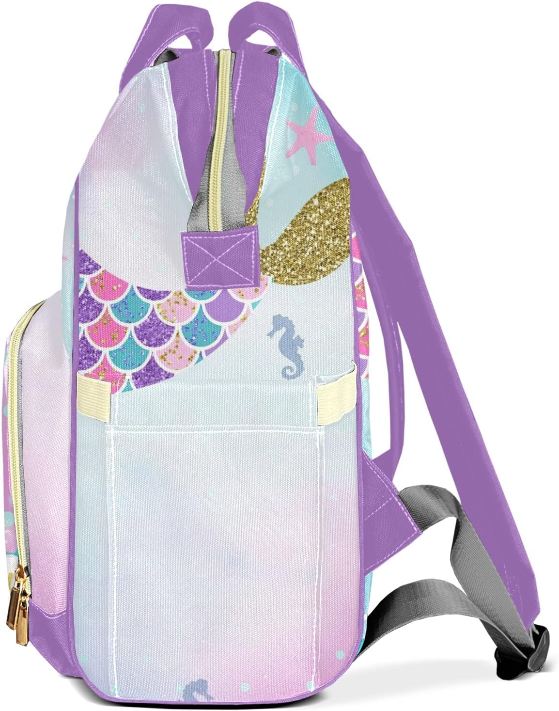 Mermaid Tail Gold Pink Purple Mommy Bag for Baby Girl Custom Diaper Bag Backpack Waterproof Multi-Function Travel Camping Picnic Diaper Carrying Bag