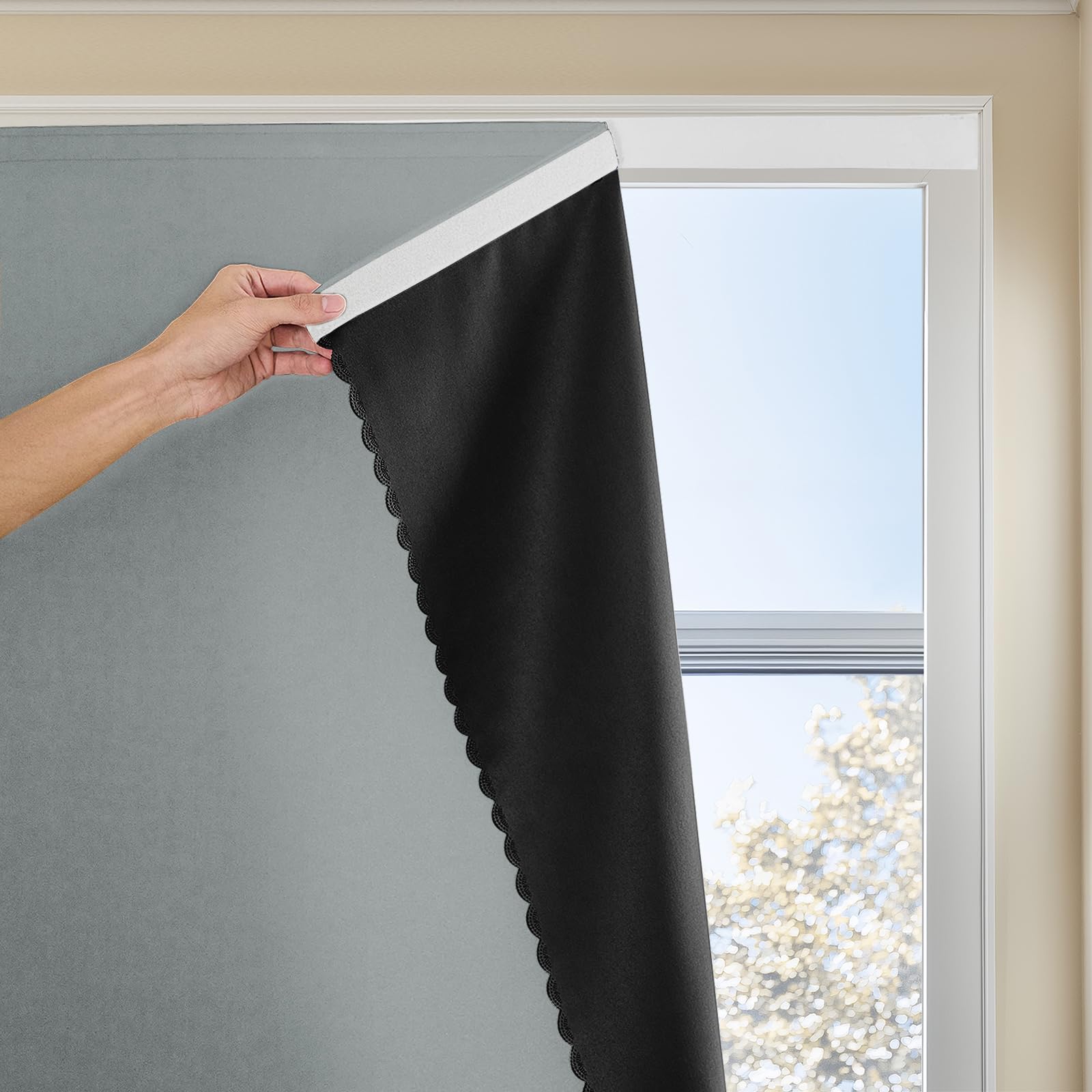 Jilron Cortinas portátiles adhesivas con cinta mágica para ventanas, cortinas opacas de dormitorio, cortinas opacas térmicas, para oscurecer la cocina, cortinas pequeñas negras (1 panel, 59 pulgadas