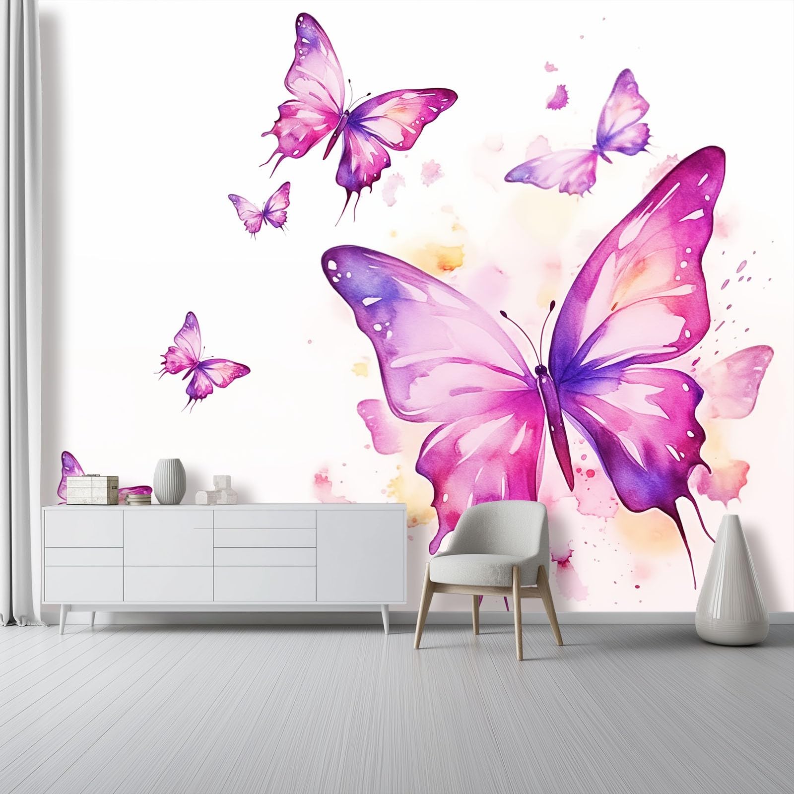Panoramiczna tapeta 400 x 280 cm, elegancka akwarela motyle zwierzęta salon sypialnia dekoracja domu - tapeta z włókniny 3D fioletowa