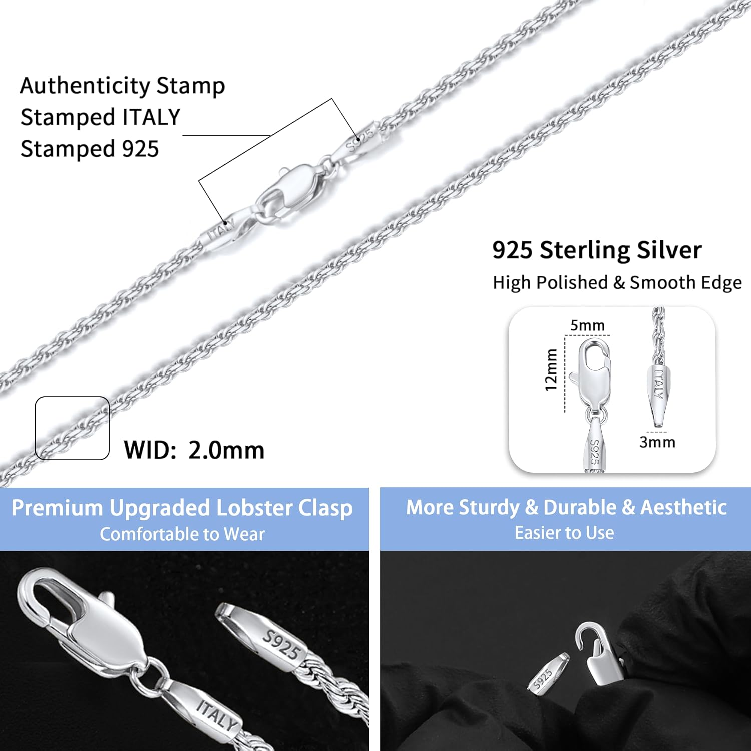 Jewlpire 2mm Rope Chain 18k Gold Plated 925 Sterling Silver Chain Necklace for Women, Sturdy & Comfortable Women's Chain Necklaces, 16 18 20 22 24 26 Inch - Image 3