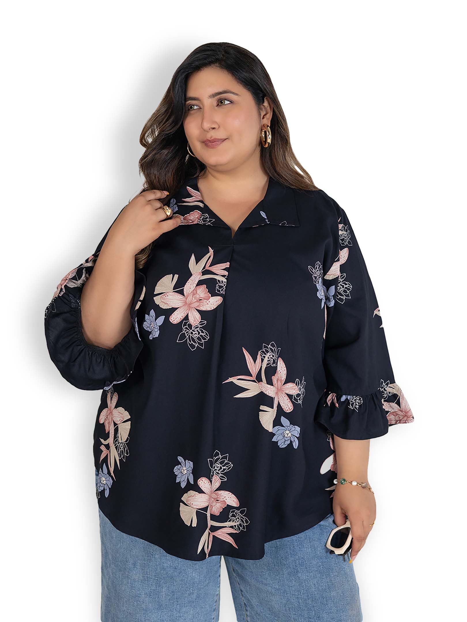LEASY Women's Plus Size Printed Viscose Rayon Short Kurti | Shirt Collar Kurti Top | V-Neck Front Pleated Detailing | Casual Wear Plus Size Top | 3XL to 8XL