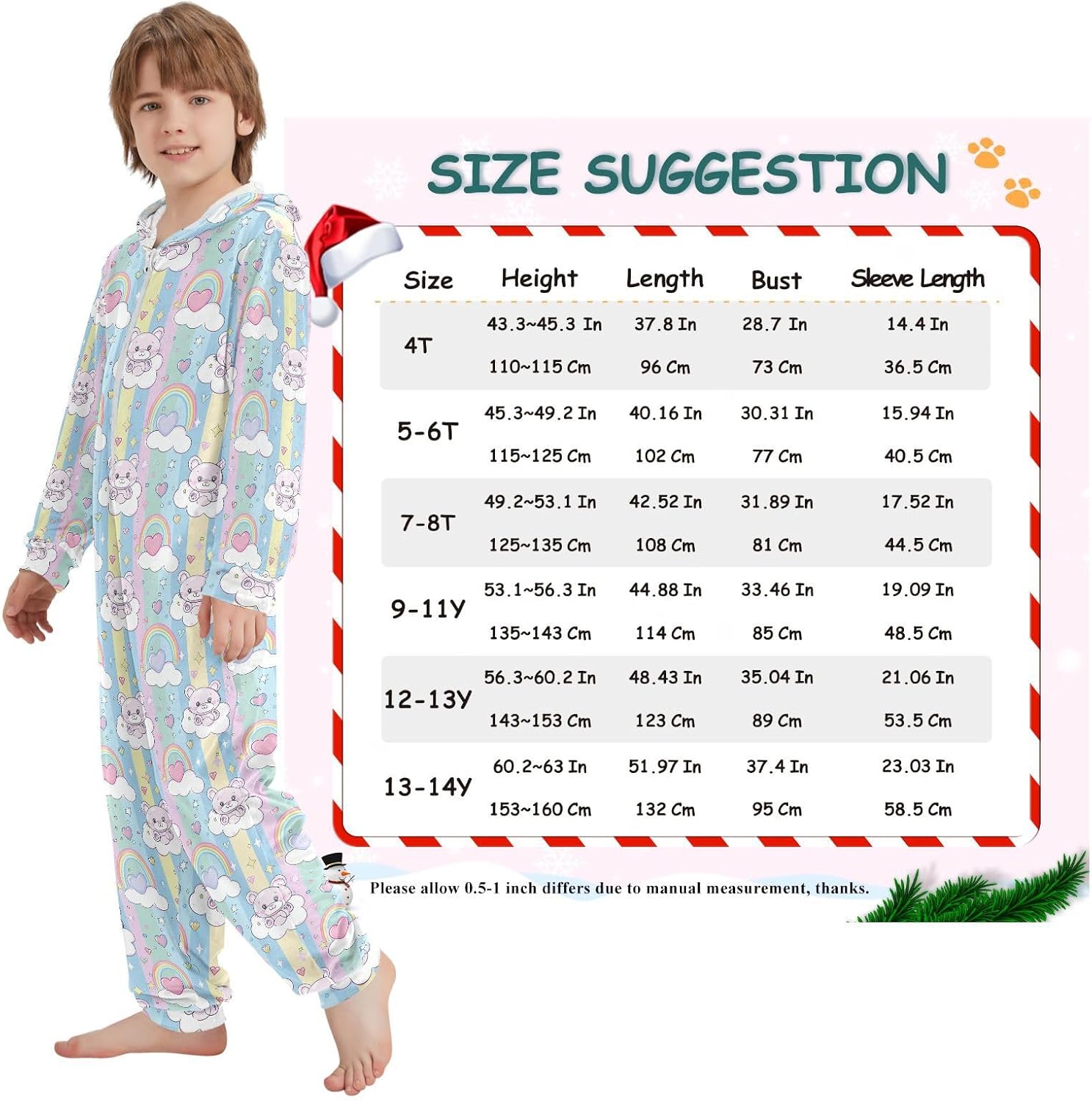 Unisex Onesie Pajamas Zip Up Hooded One-Piecing Loungewear Sleepwear for Christmas Home 4-14Y