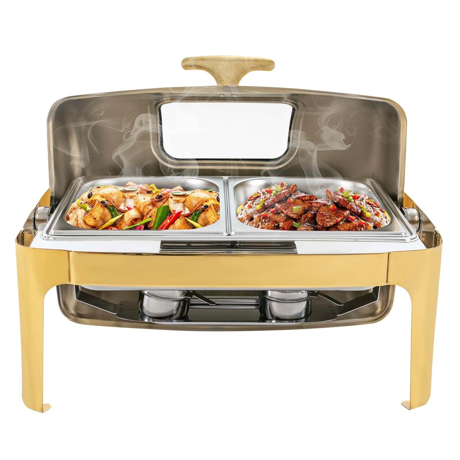 9QT Roll Top Chafing Dish Buffet Set, Stainless Steel Chafer with 2 Half Size Pans, Rectangular Stainless Steel Buffet Warmer Chafers and Buffet Warmers Sets, Gold