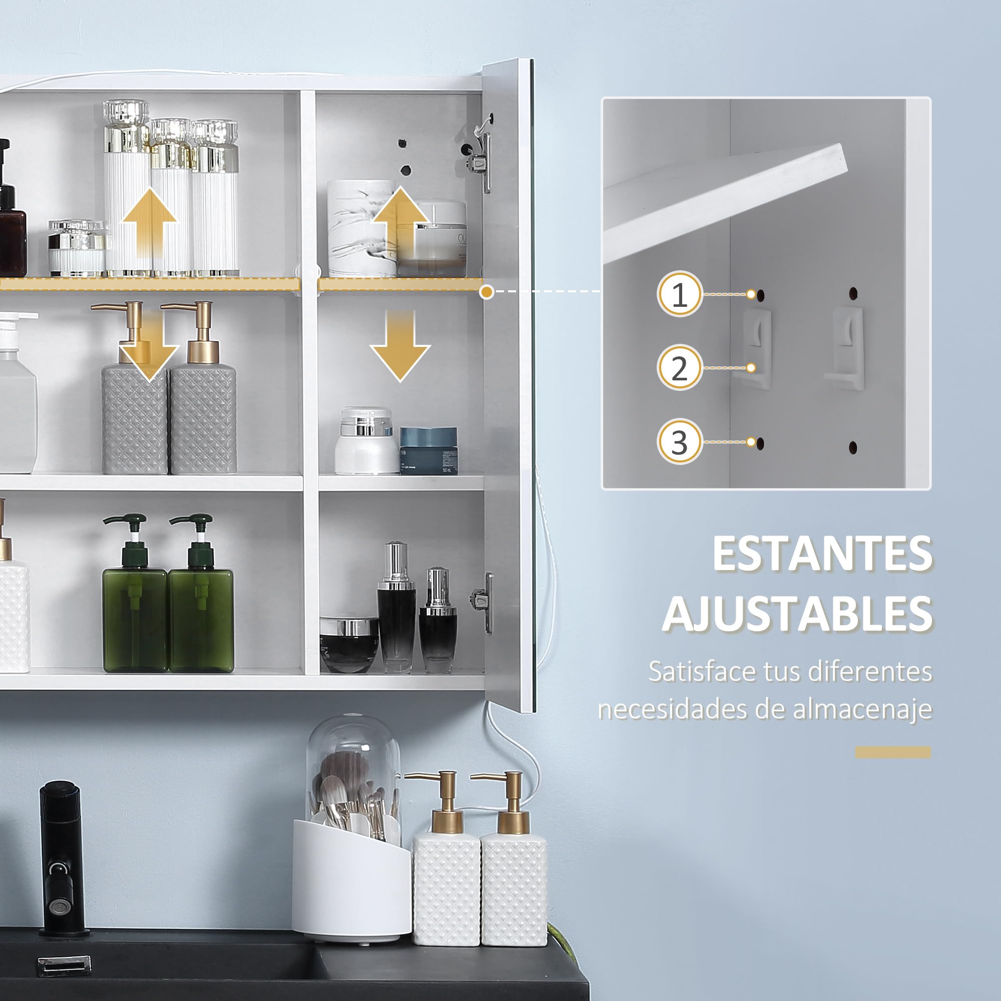 kleankin Armario con Espejo de Baño con Luz LED 70x15x65 cm Blanco | Armario de Baño Colgante, 2 Puertas, Función de Memoria, Interruptor Táctil, Estilo Moderno