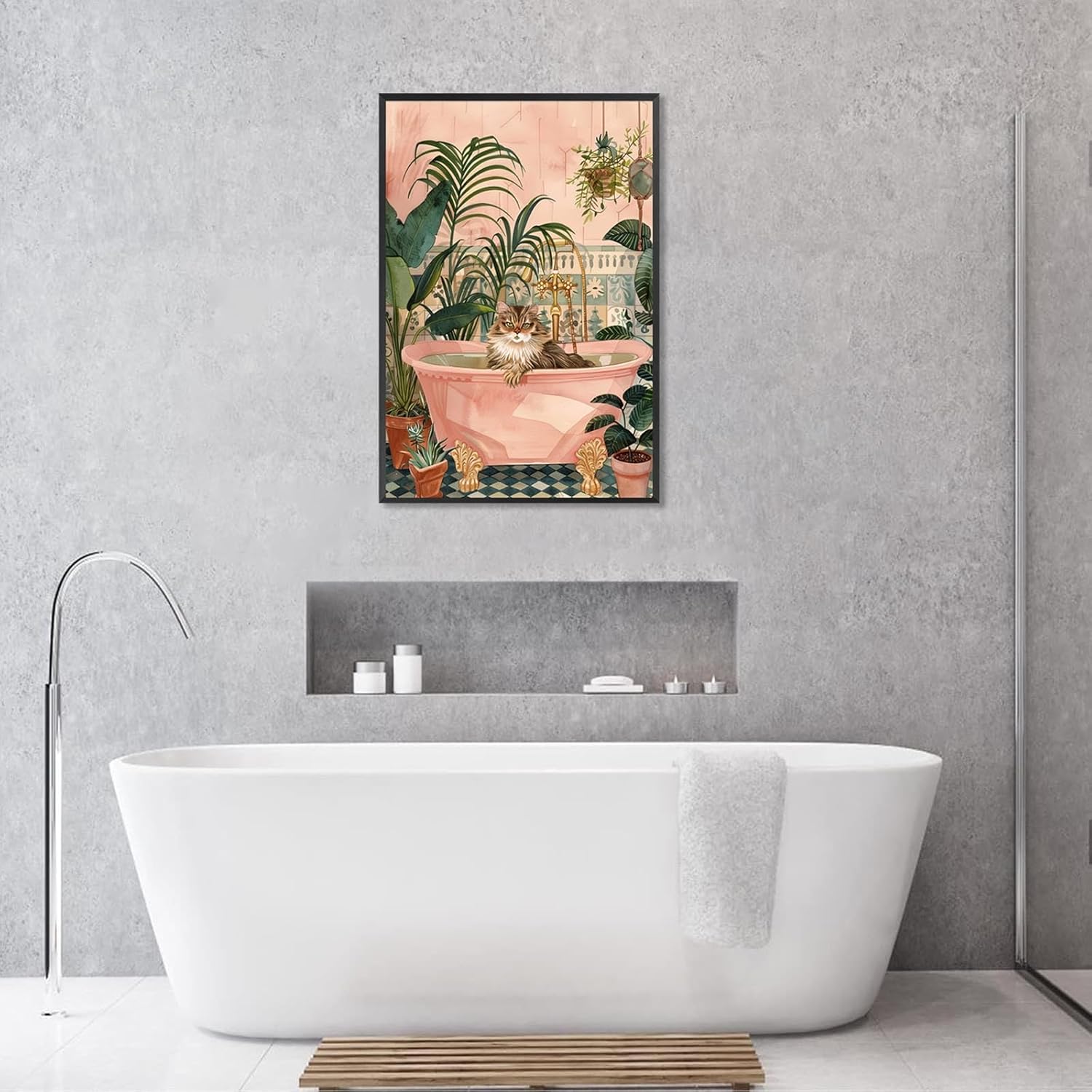 horakey Funny Cat Using Bathtub Posters Cute Cat In The Shower Bathroom Art Botanical Animal Flower Pot Pink Bathtub Painting For Living Room Bedroom Toilet Wall Decor 24x36in Framed