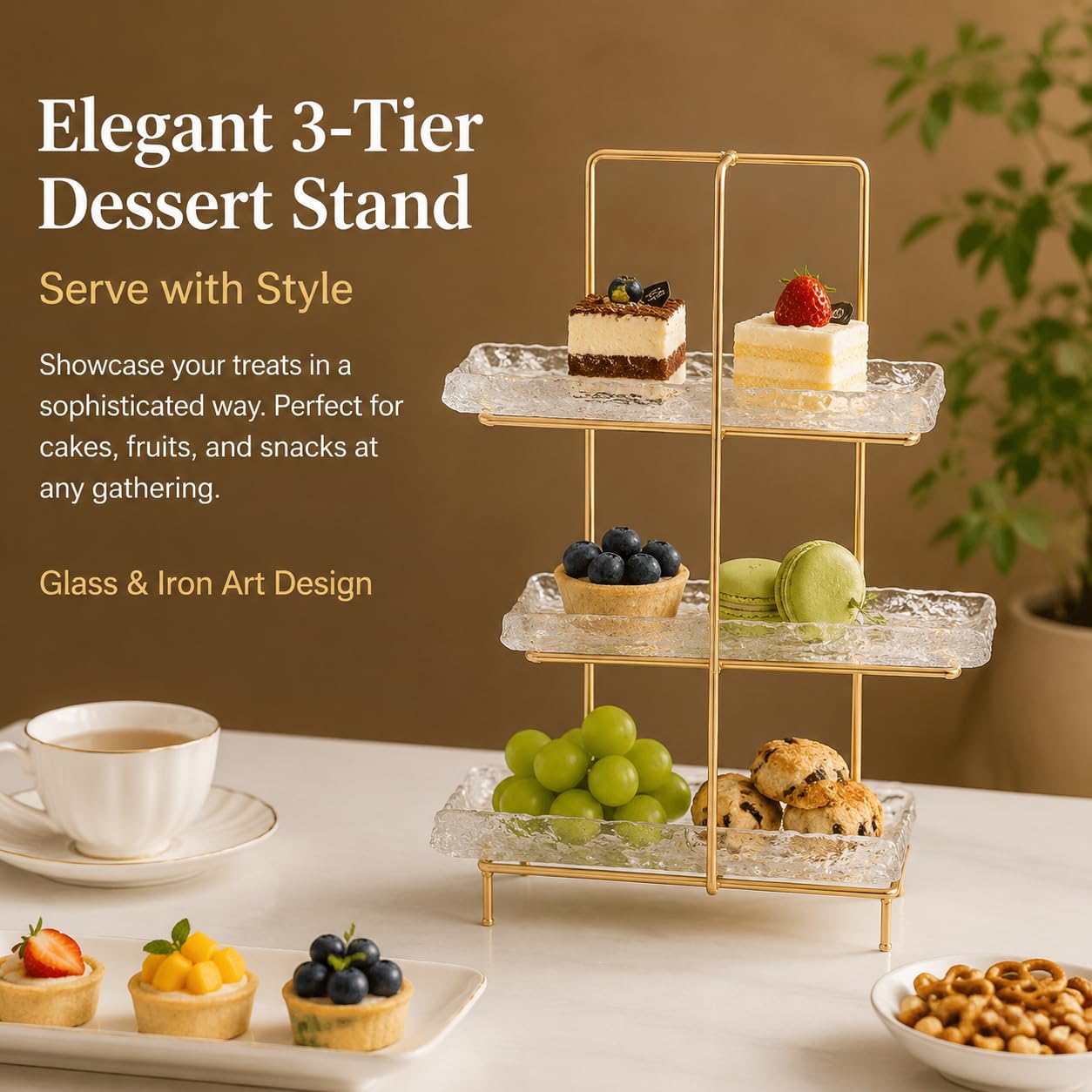 Alzatina per Dolci in Vetro e Ferro Dorato, Alzate per Buffet 4 Livelli, Espositore da Tavola per Dessert e Frutta, Vassoio da Portata Elegante , Lusso leggero, retrò, tre strati