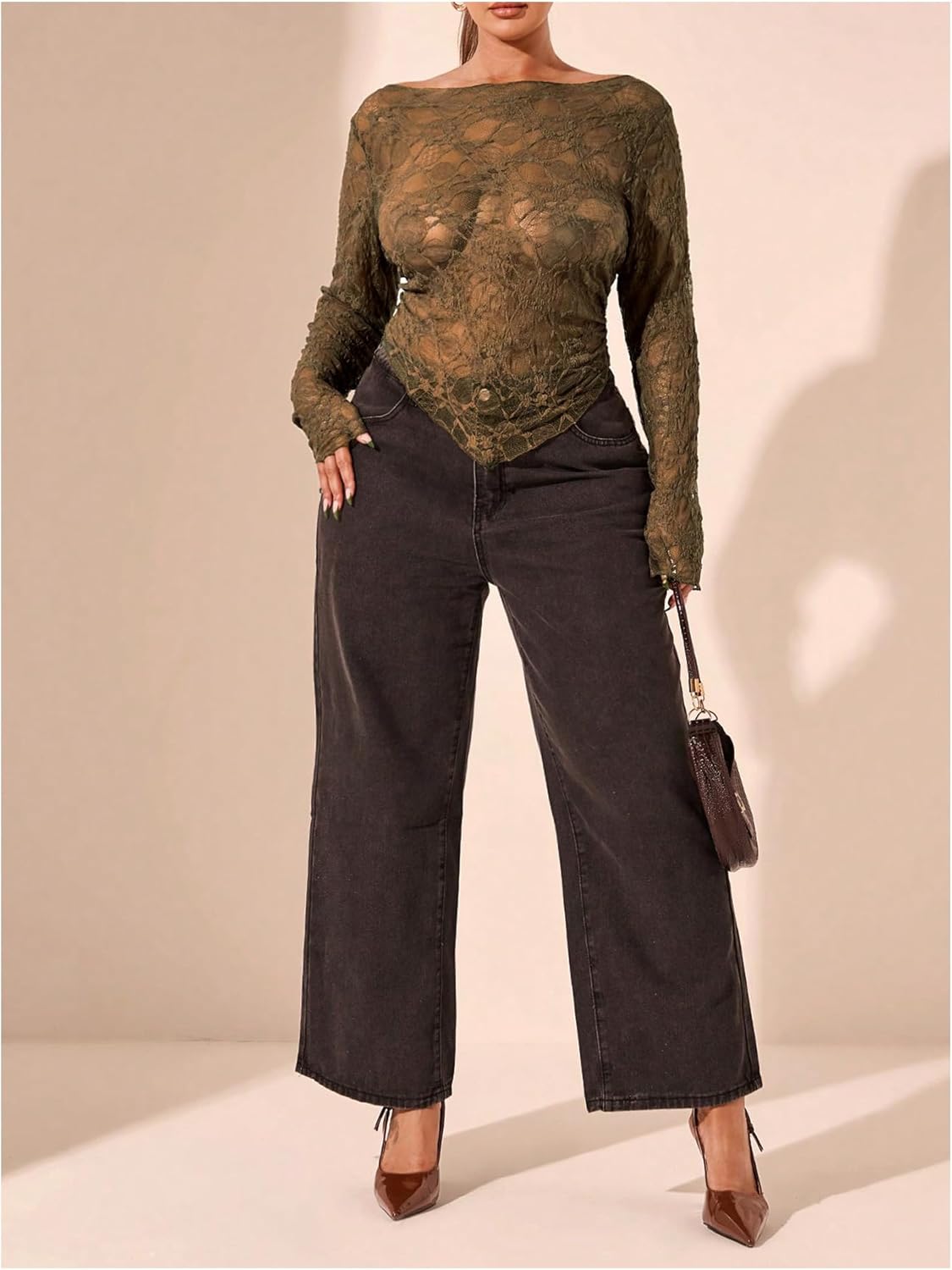 WDIRARA Women's Plus Size Sheer Lace T Shirt Asymmetrical Boat Neck Long Bell Sleeve Tee Tops - Image 5