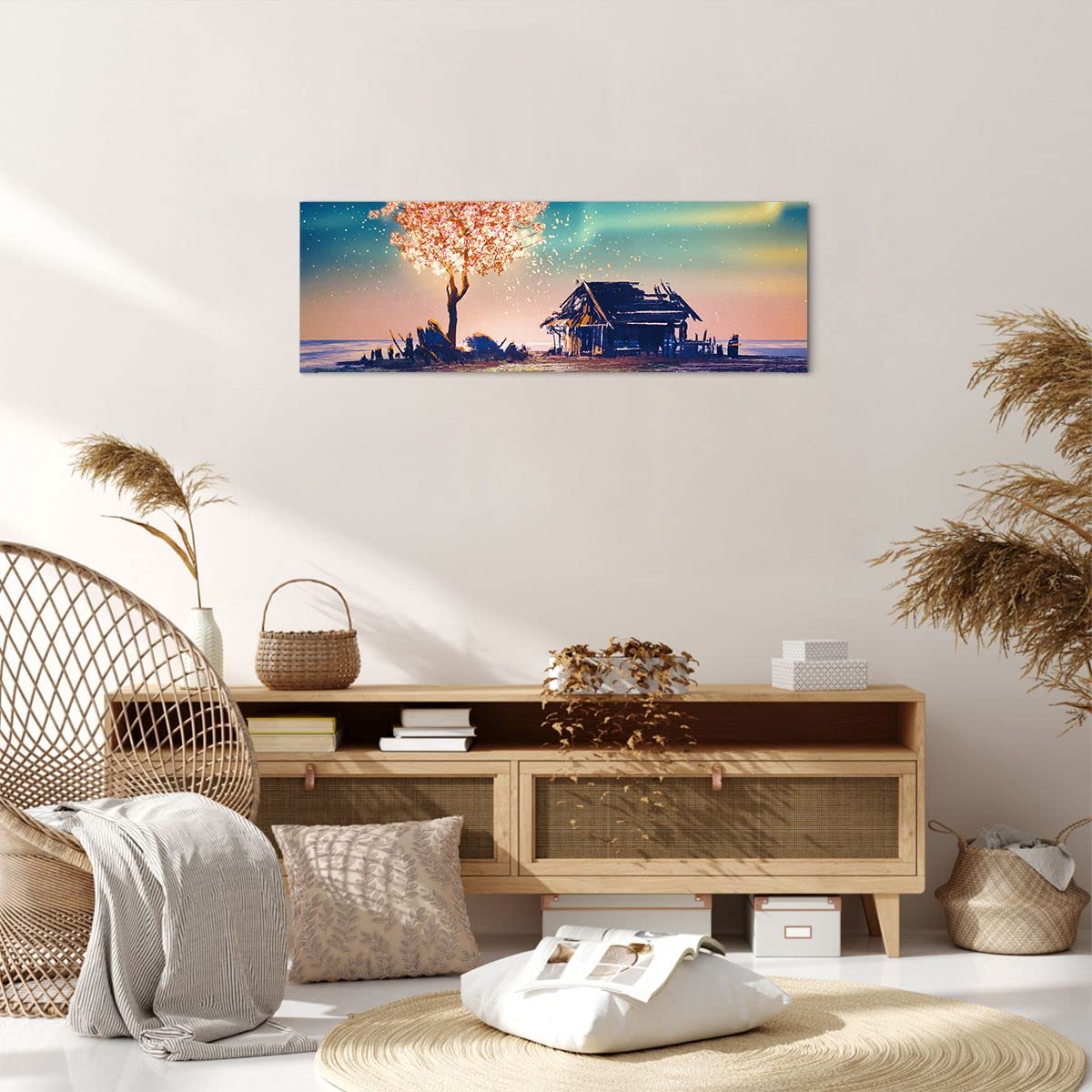 Tableau Toile ARTTOR 100x70cm Impression Arbre Maison Nuit étoiles - Décoration Murale